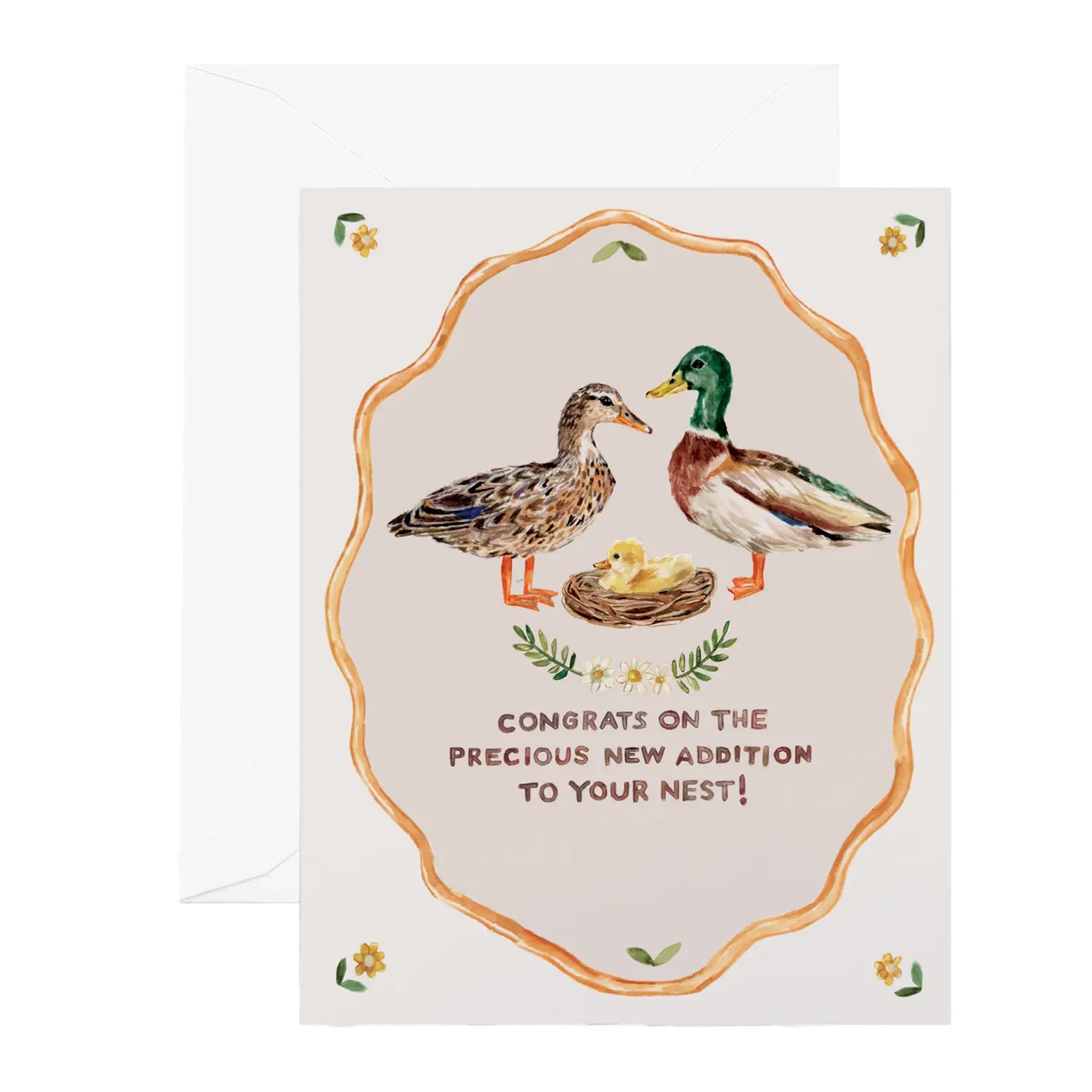 Little Duckling Greeting Card wishing congratulations on new baby on a white background
