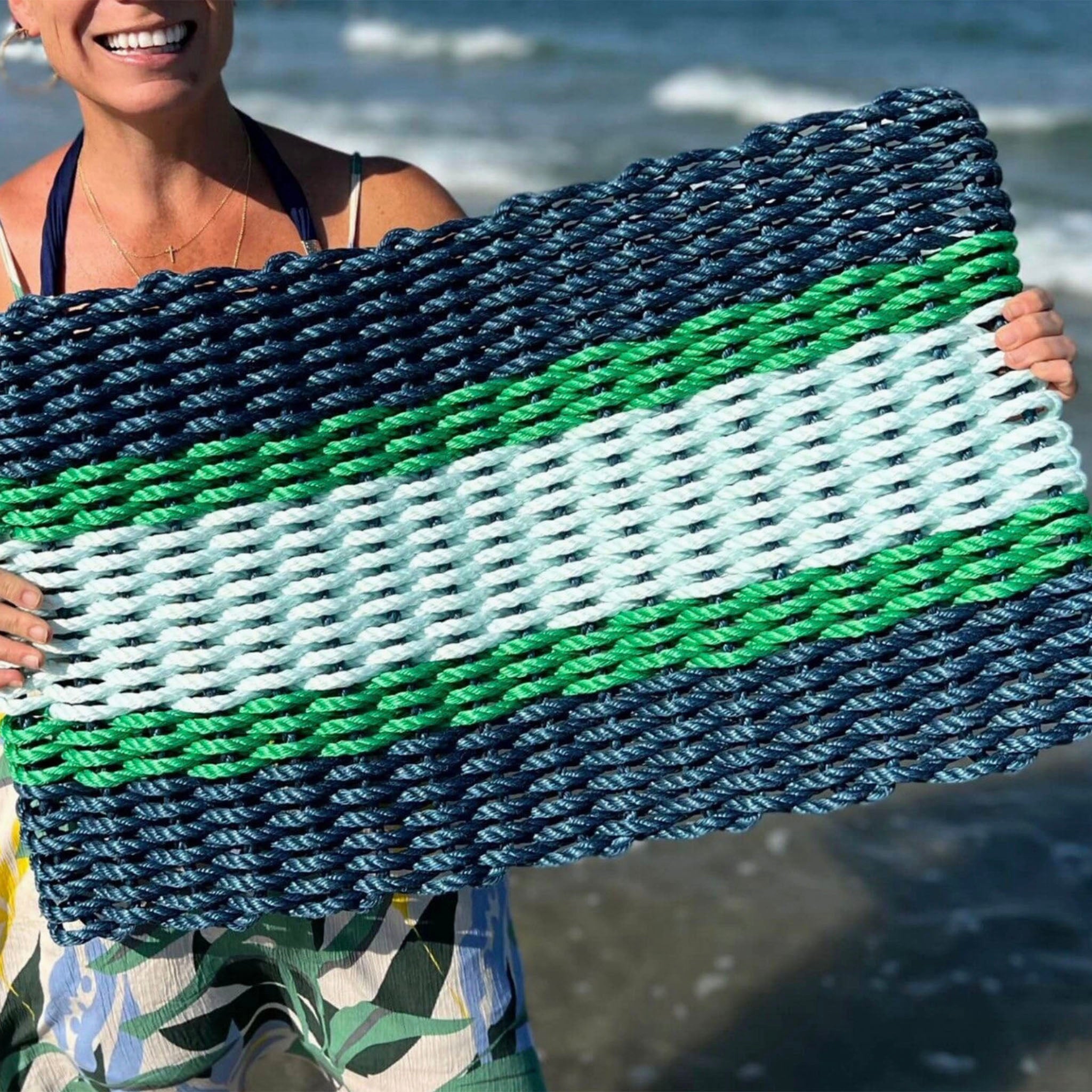 Lobster Rope Outdoor Doormat in Navy + Green + Seafoam - Addison West