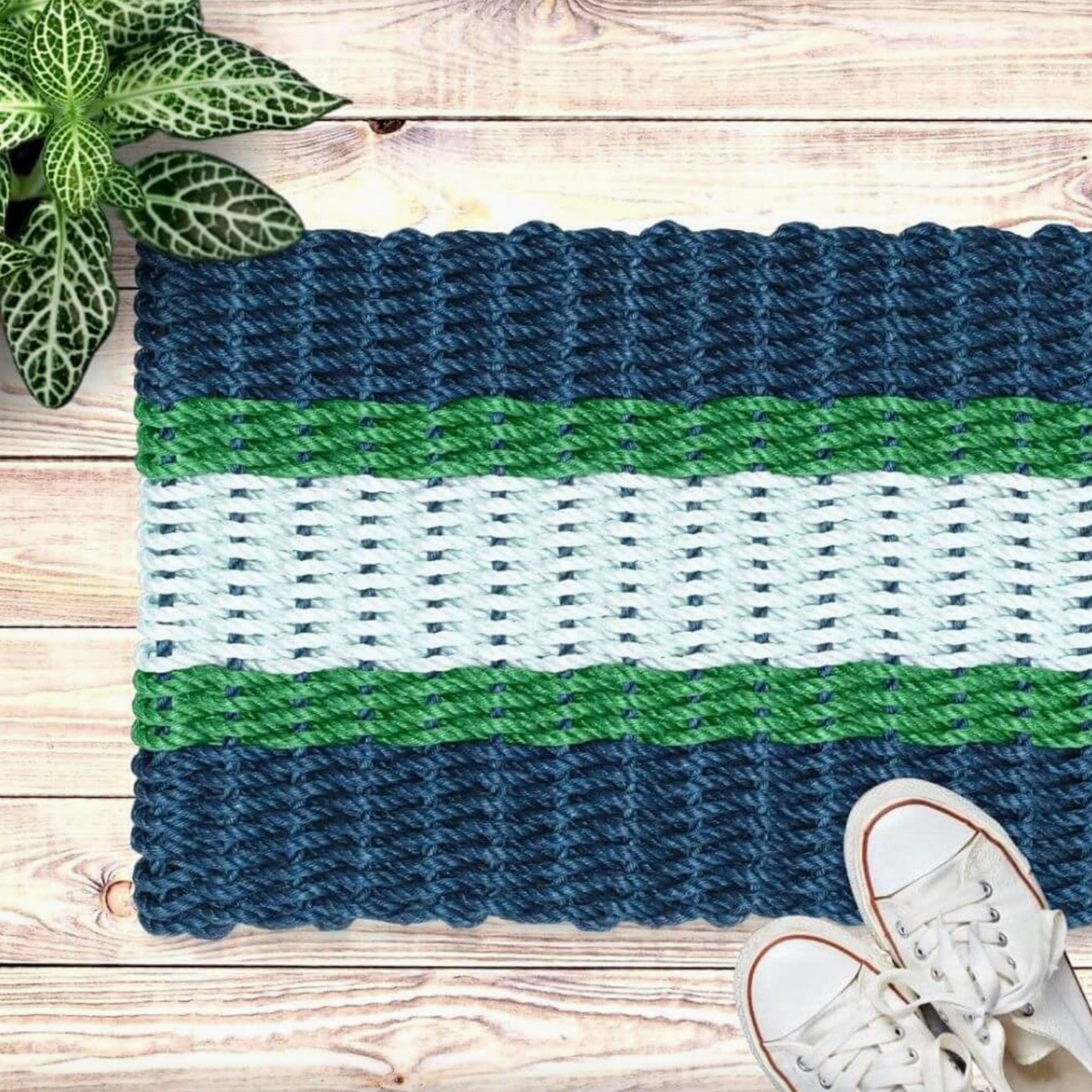Lobster Rope Outdoor Doormat in Navy + Green + Seafoam - Addison West