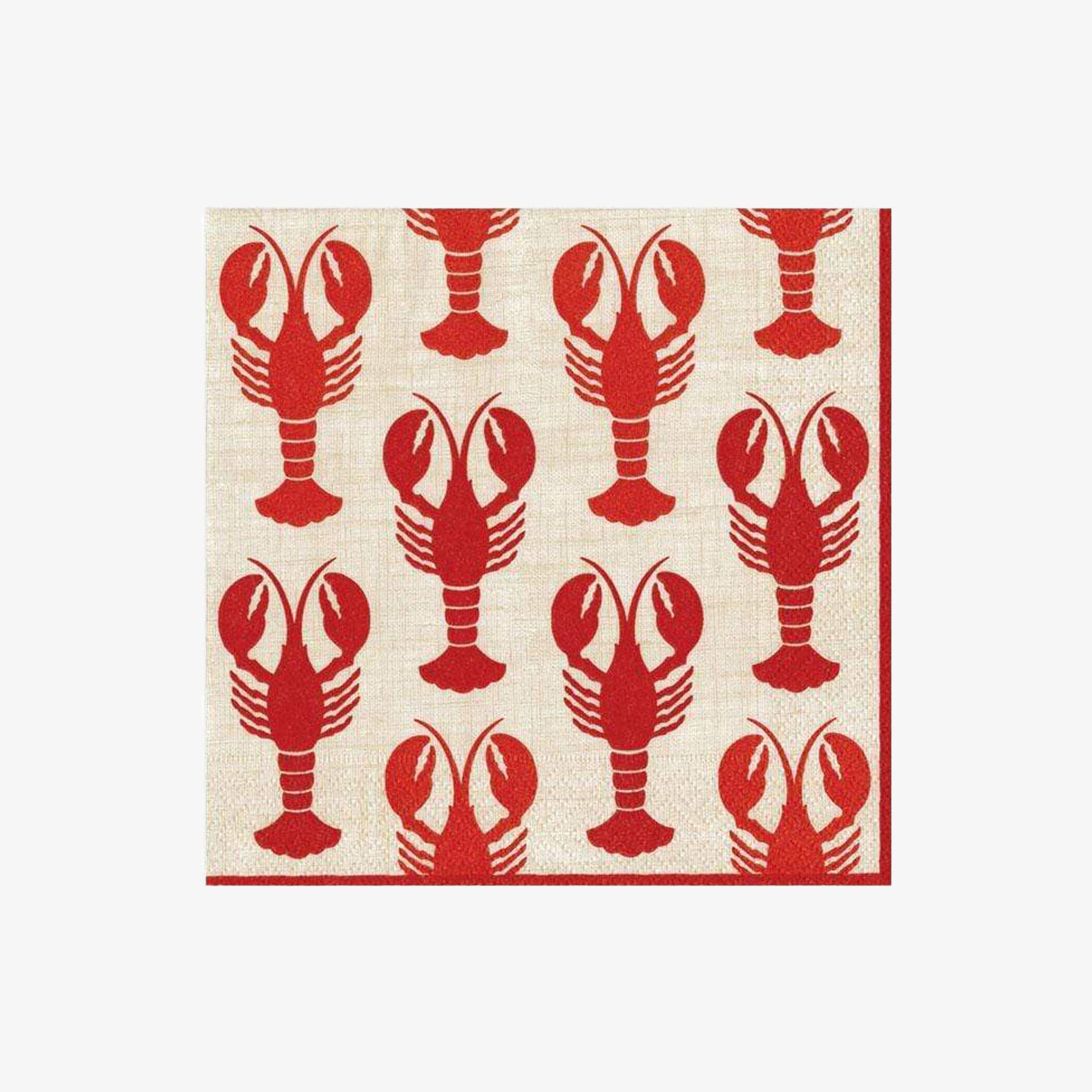 Beige cocktail napkin with red lobster pattern