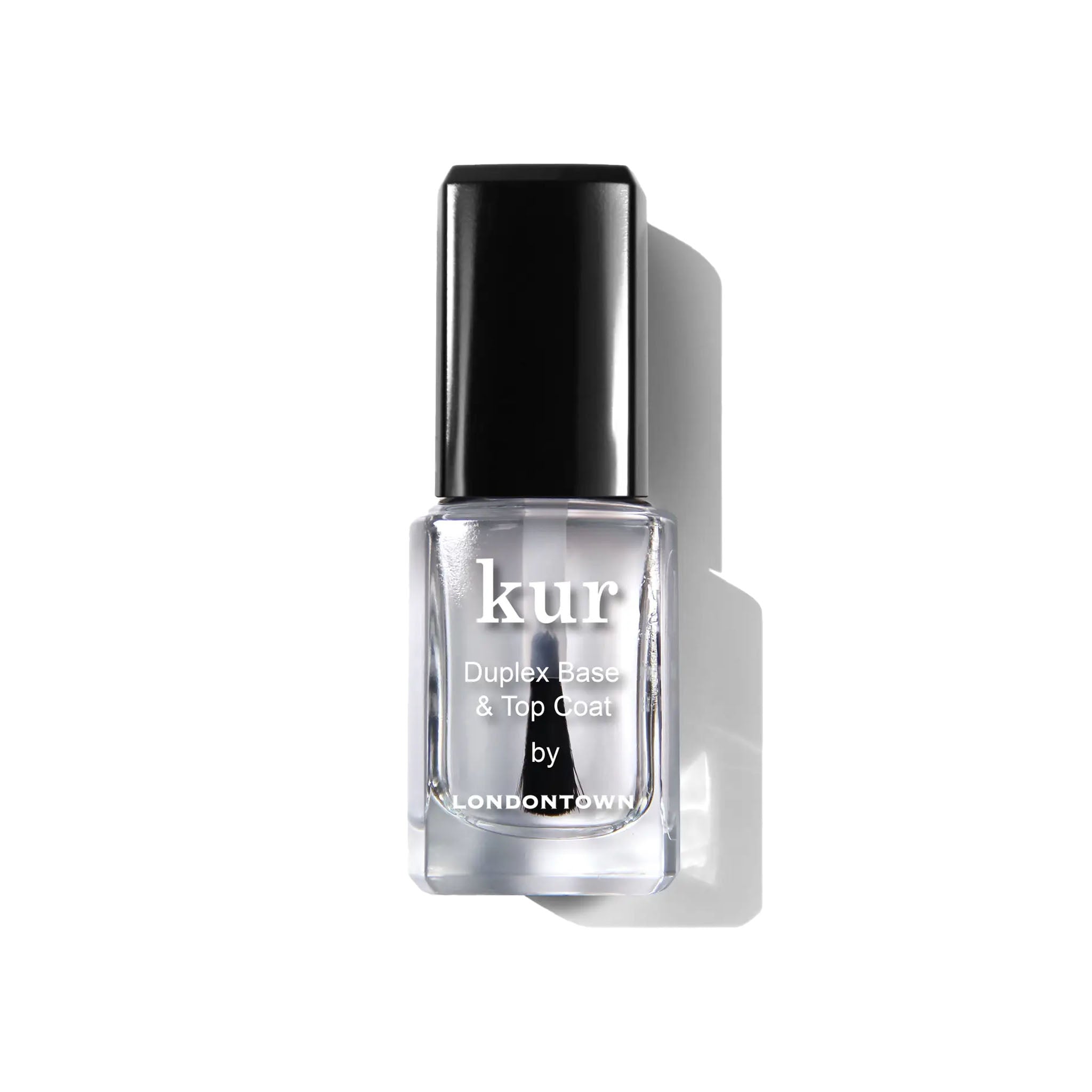 Nail polish bottle labeled 'kur Duplex Base & Top Coat by Londontown' on a white background
