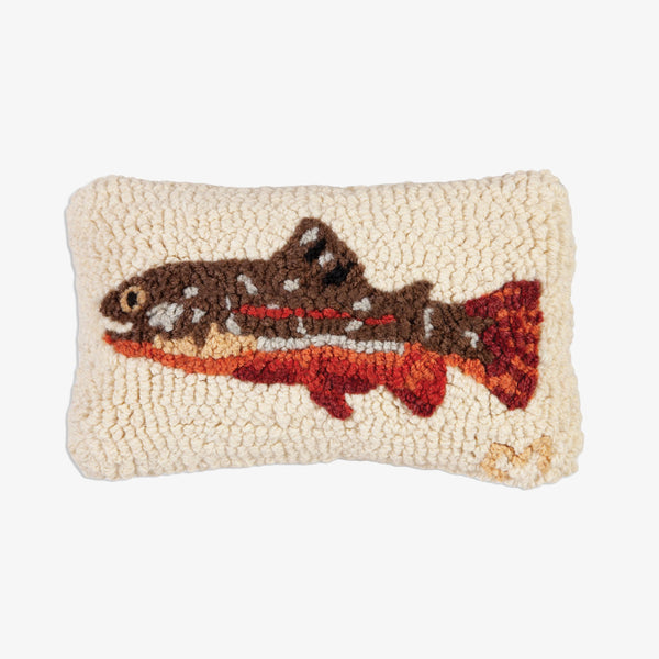 Chandler Four Corners maple trout hand hooked fish pillow on a white background