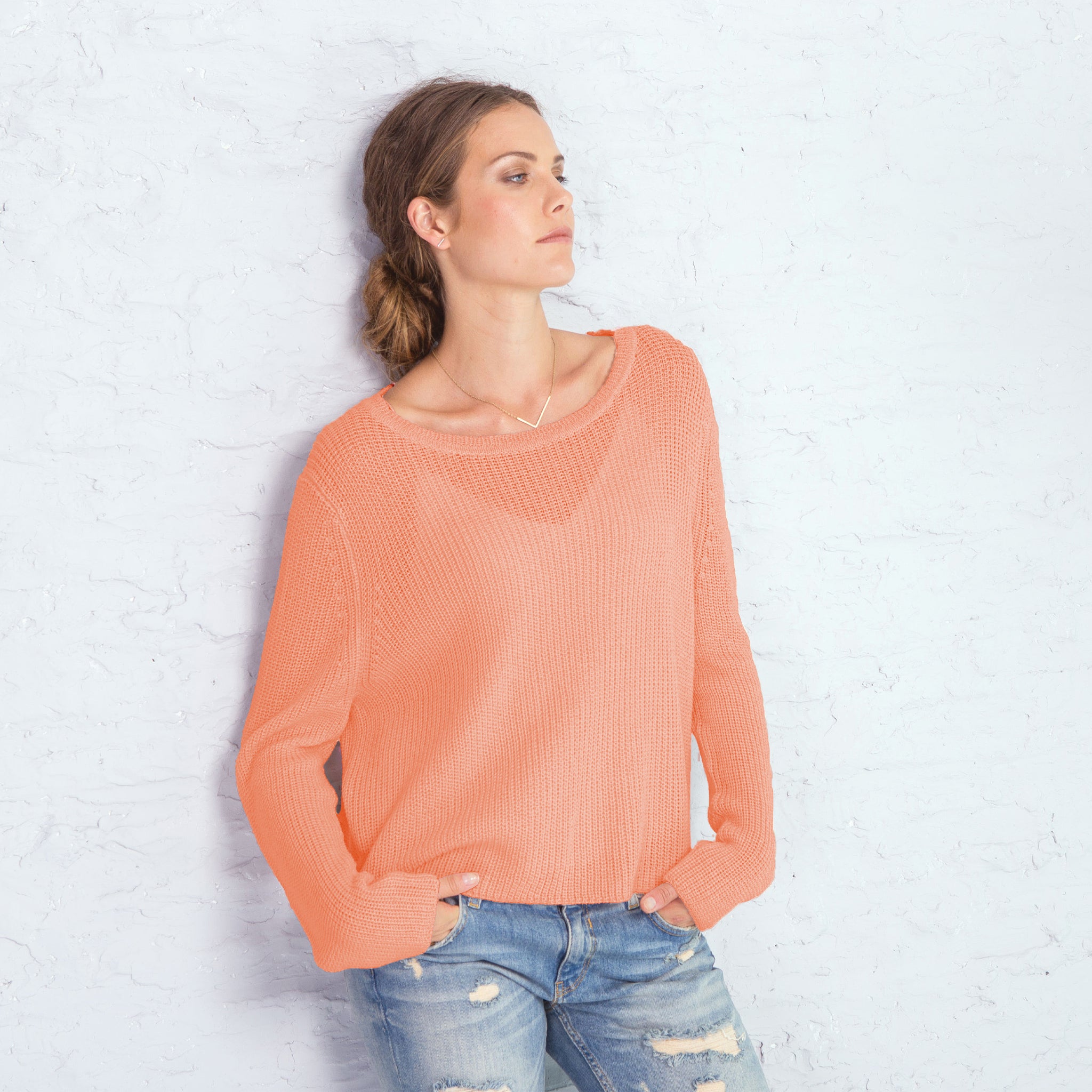 Marina Crew Mercer in Cantaloupe on a model on a white background at Addison West