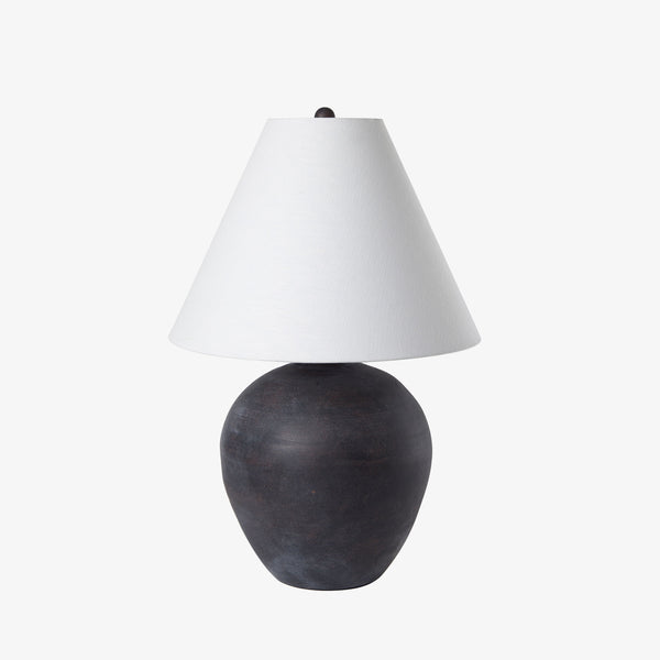 Mercana marvin black table lamp with white flared shade on a white background