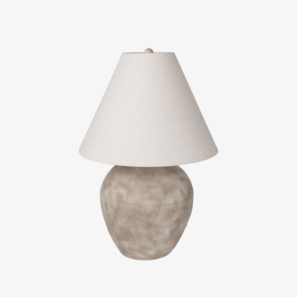 Mercana marvin grey table lamp with white flared shade on a white background