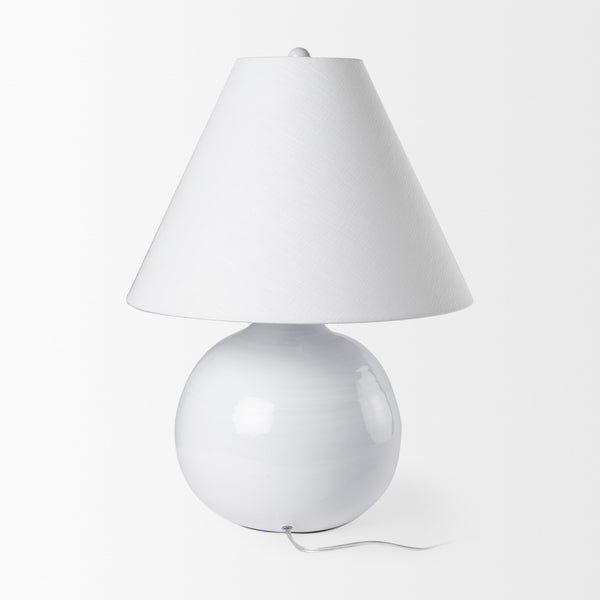 Mercana brand Mehdi white ceramic table lamp with round base and flared white matching shade