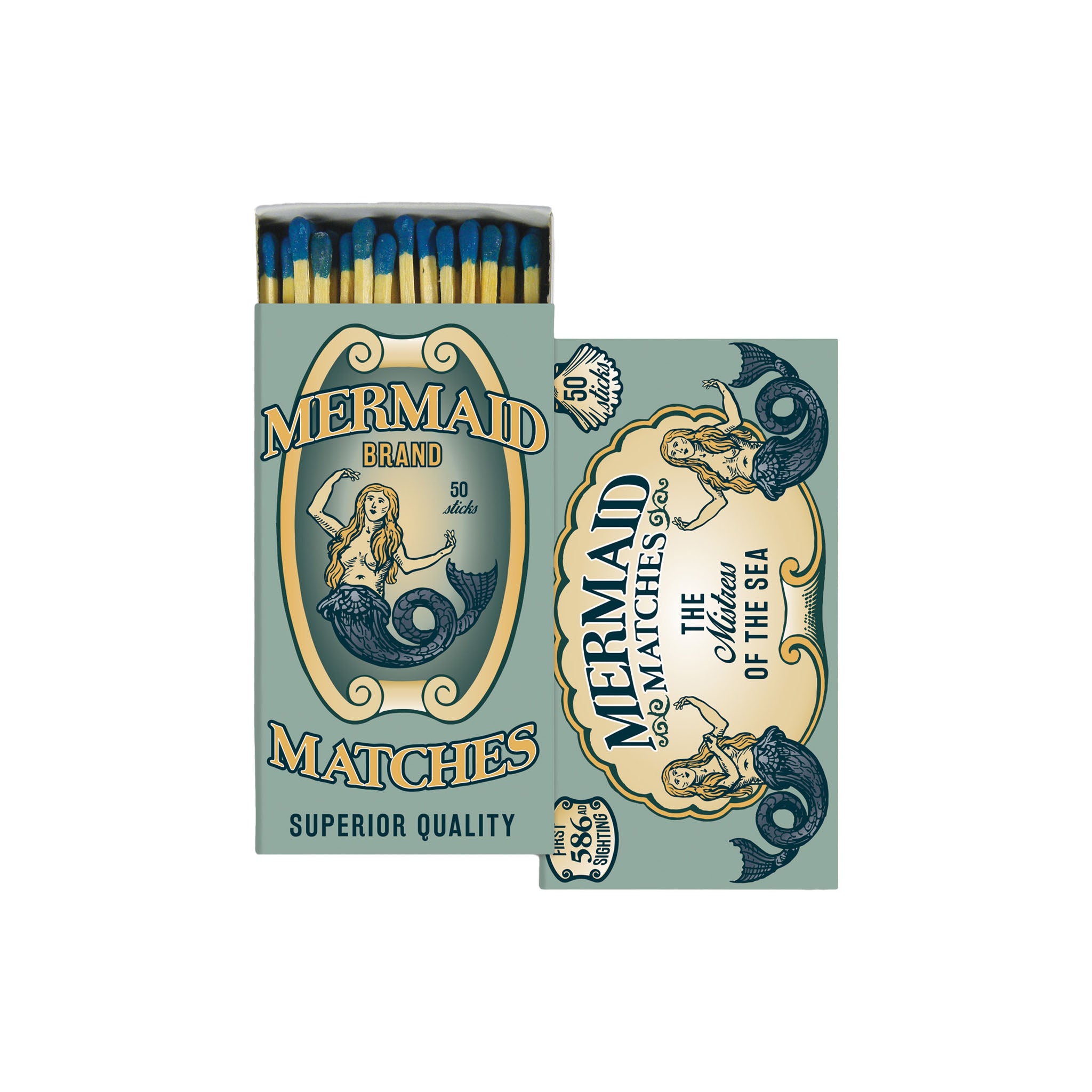 Packaging of Mermaid Brand Matches with vintage design featuring a mermaid and ocean-themed elements in blue tones.
