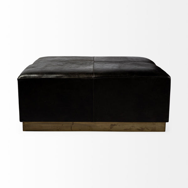 Mercana brand Minara 36" Square Black Leather Wrapped with Metal Base Ottoman on a white background
