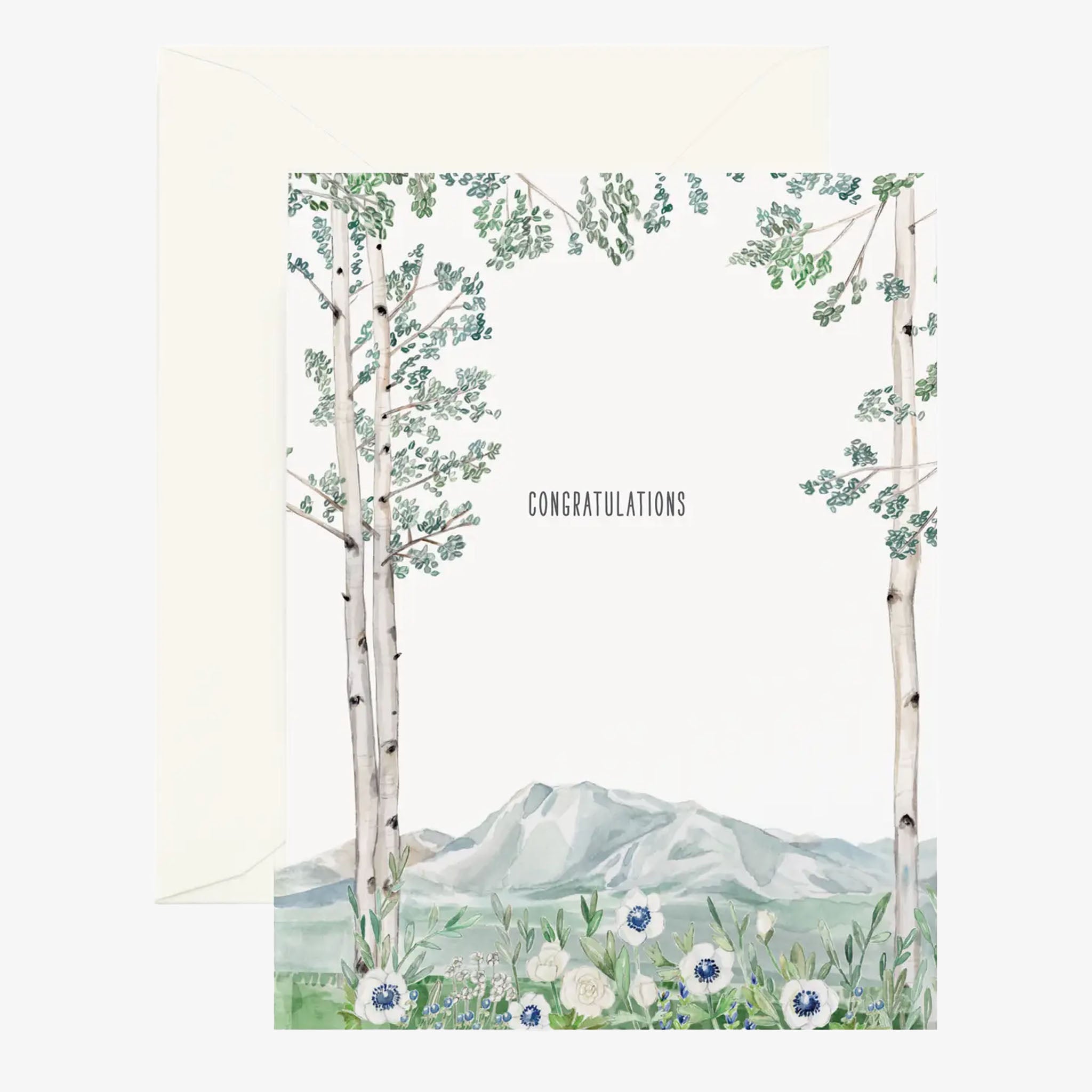 Card with trees, mountains, and flowers with 'Congratulations' text on a white background