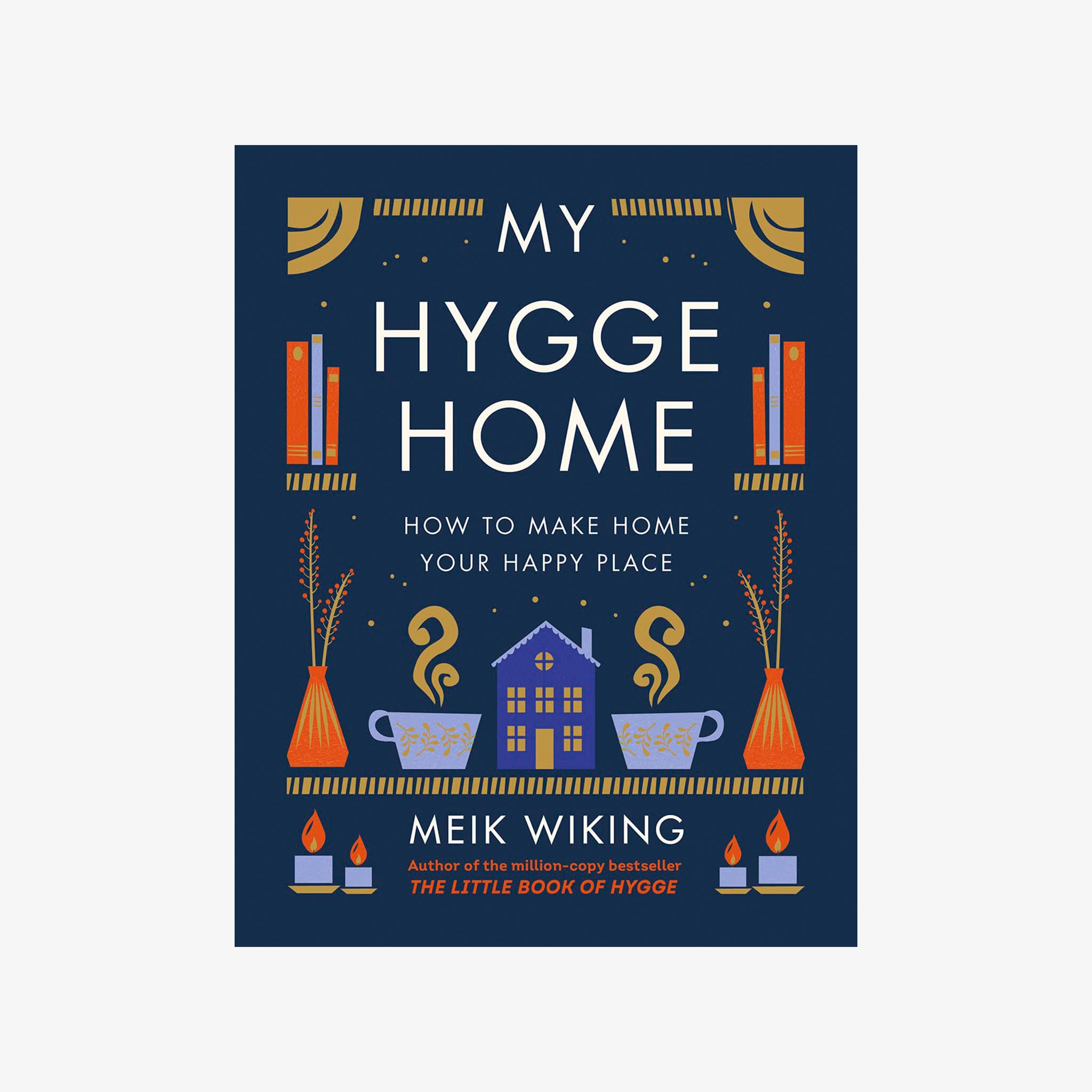 Navy blue front cover of My Hygge Home book with illustrations of home on a white background