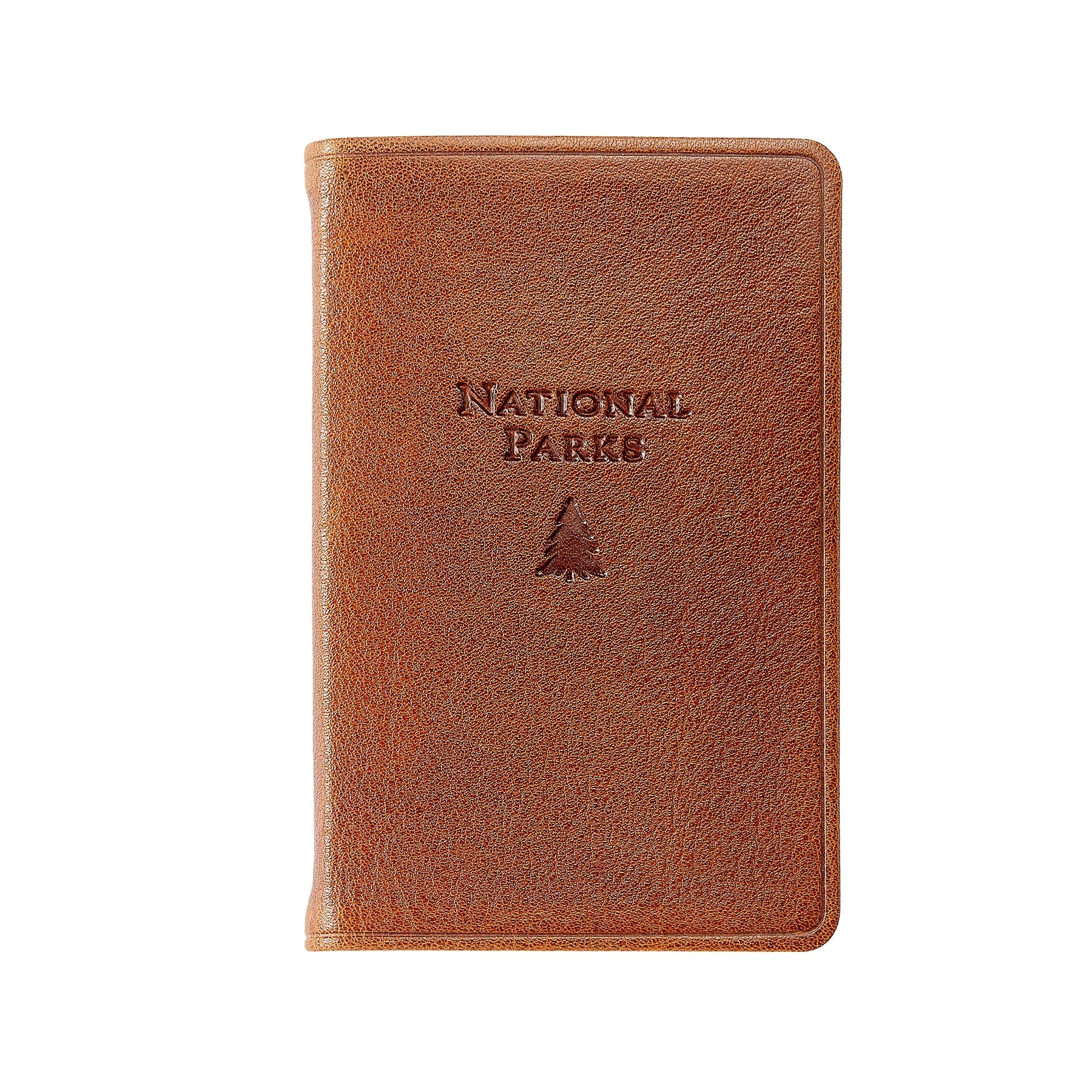 Brown leather pocket atlas with 'National Parks' text and logo on a white background