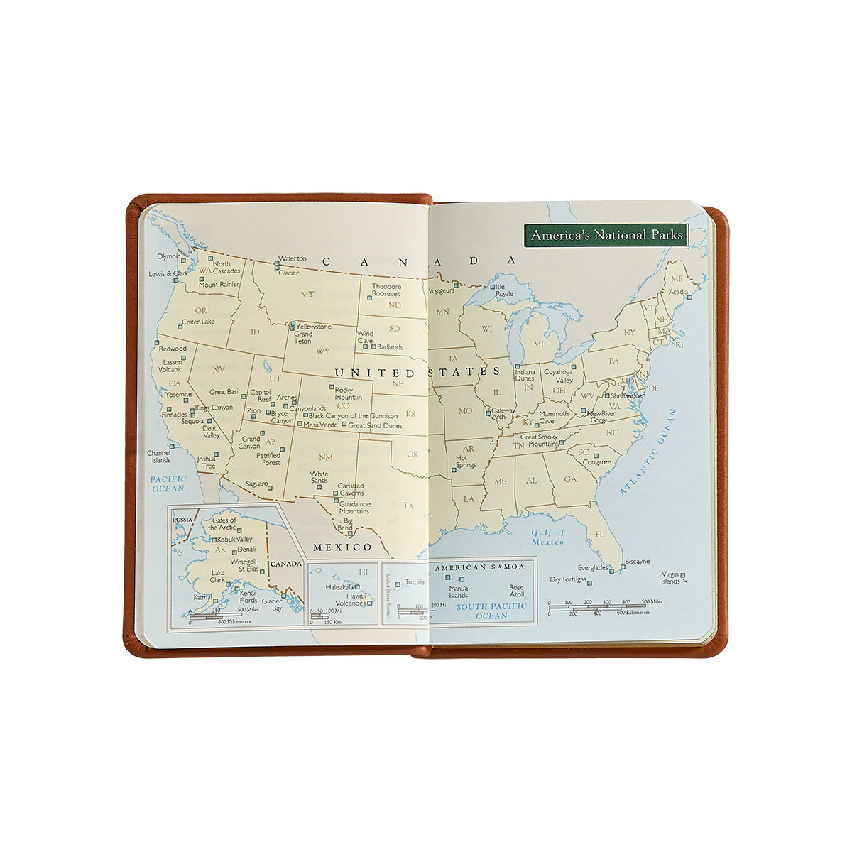 National Parks Green Leather Pocket Atlas on white background at Addison West.