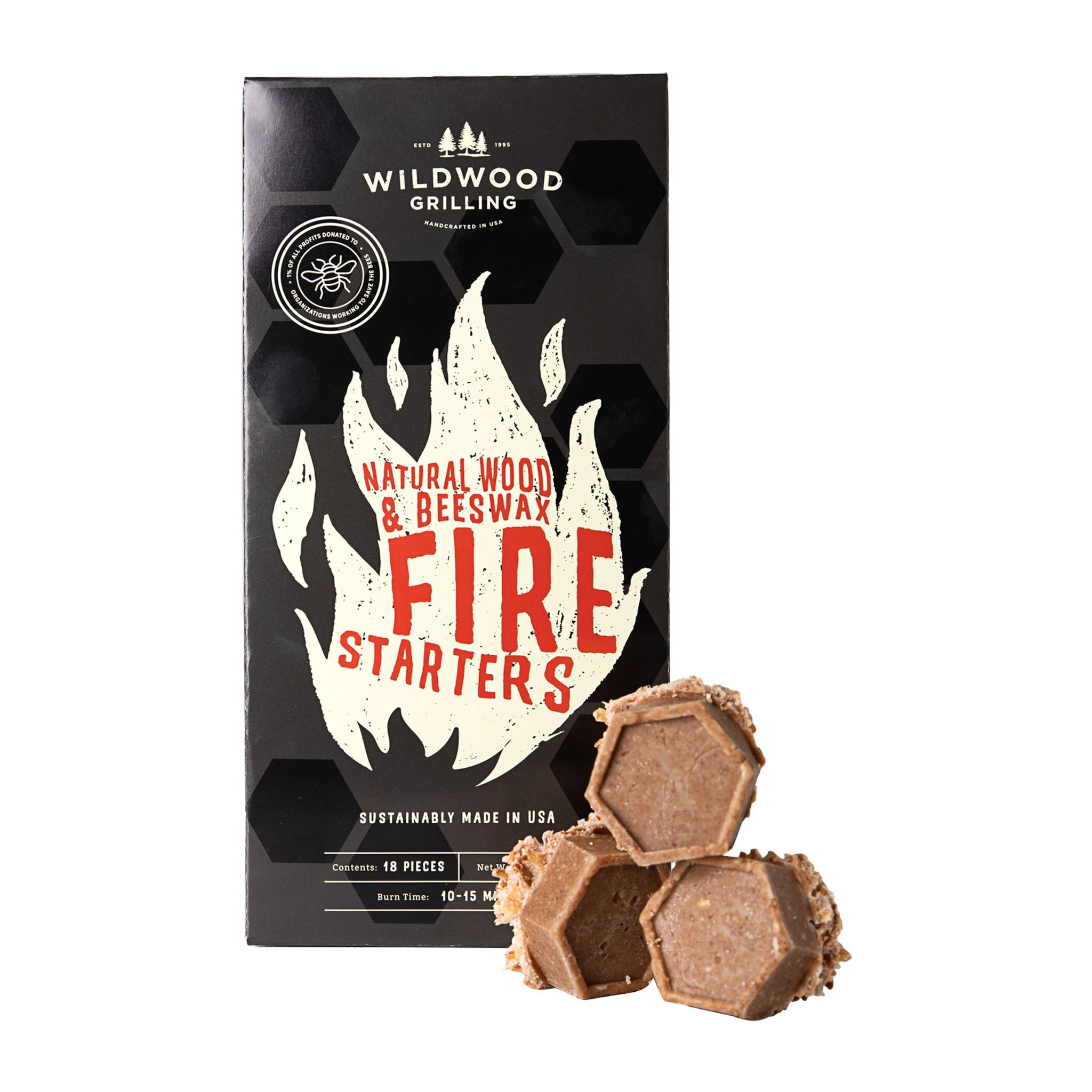 Wildwood natural wood and beeswax fire starters with black and white packaging on a white background