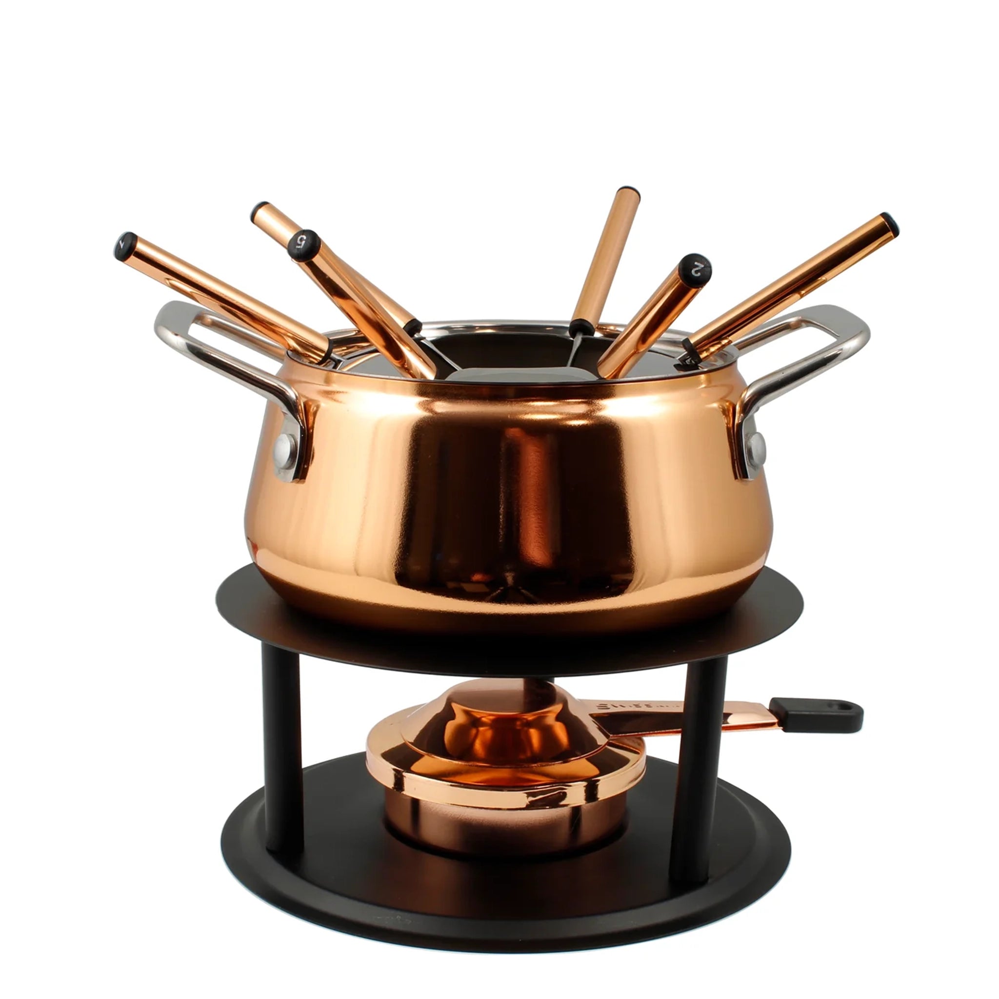 A copper plated stainless steel fondue pot with numbered forks, a black steel rechaud with a base plate, and a removable splatter guard.
