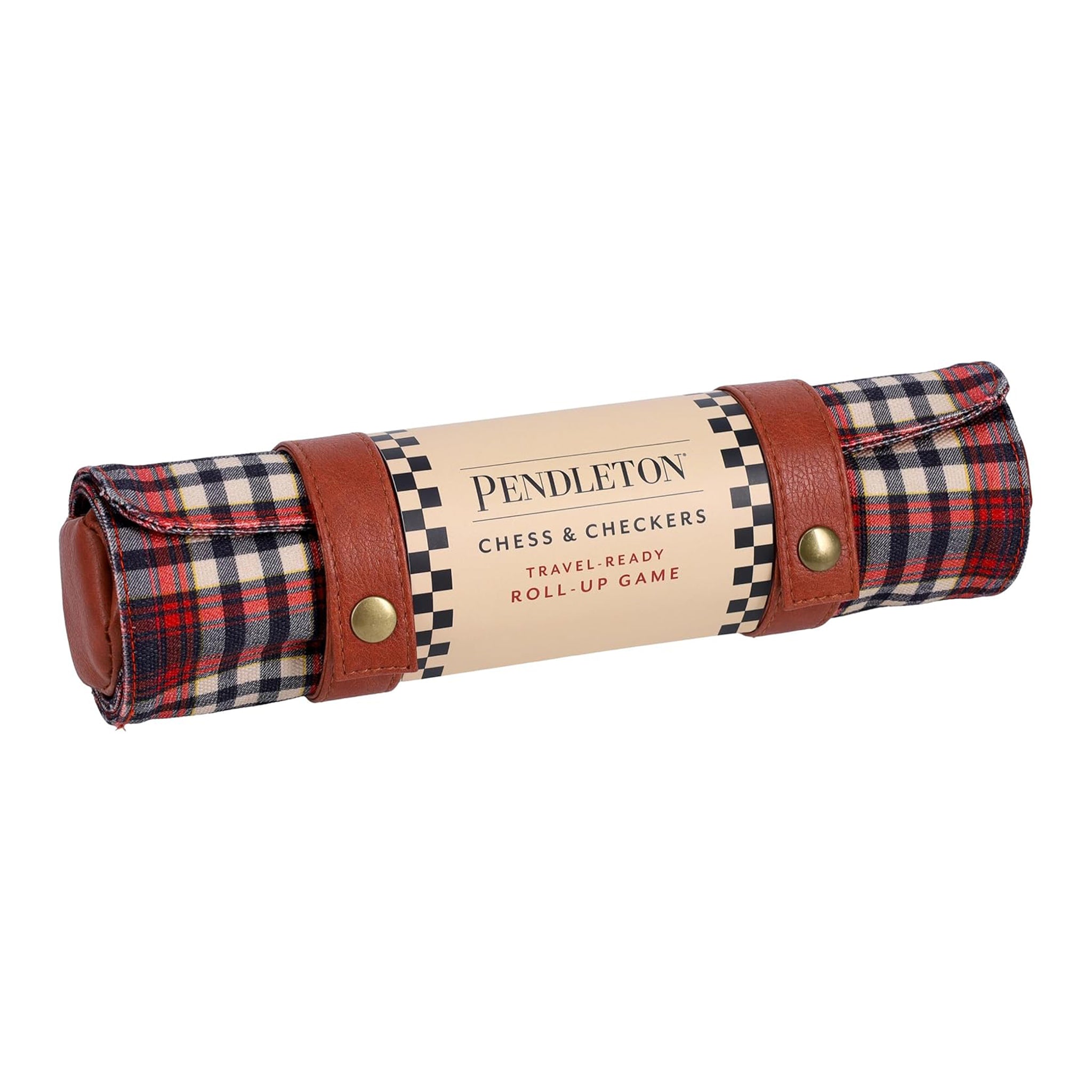 Pendleton brand chess and checkers set with leather straps and plaid case on a white background