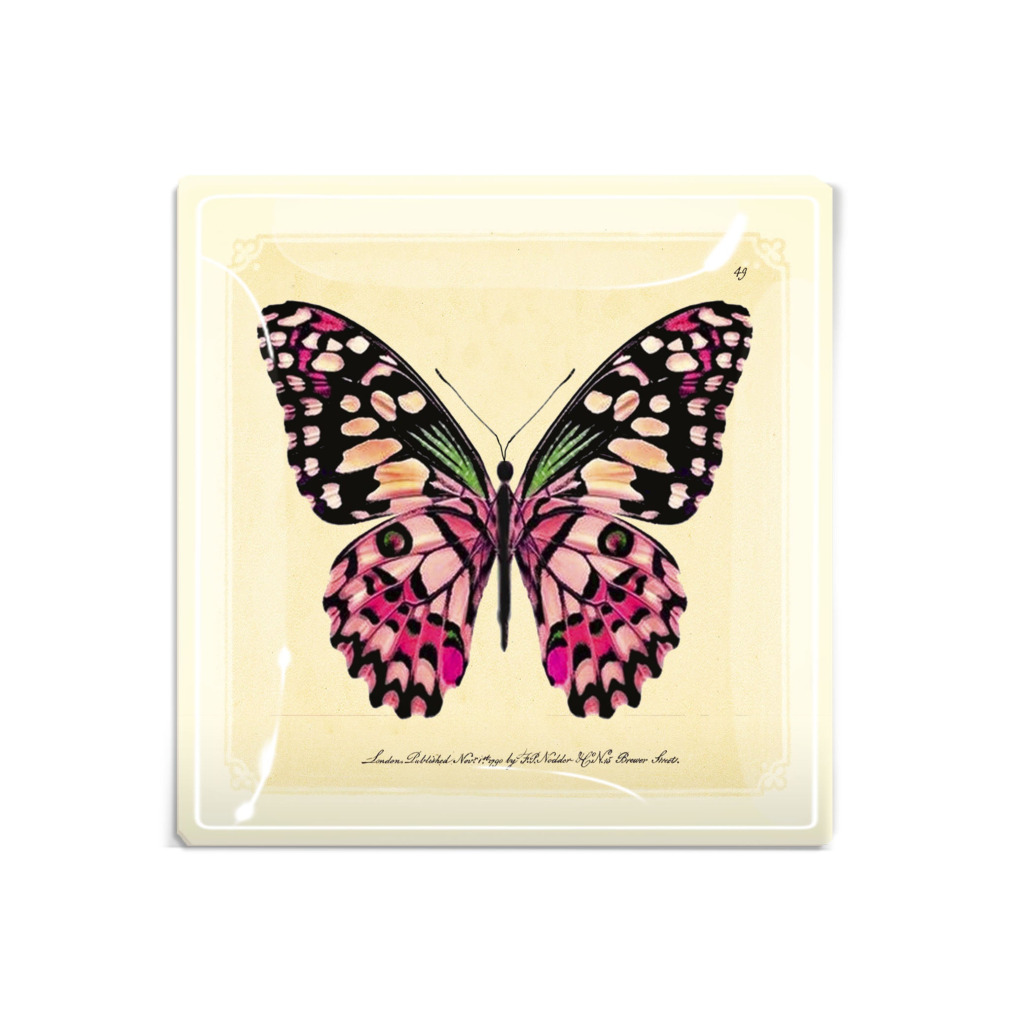 Pink Butterfly Decoupage Glass Tray on a white background