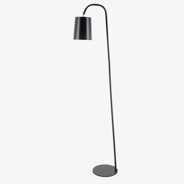 Surya black powder coated Polly floor lamp with arched neck and metal shade on a white background