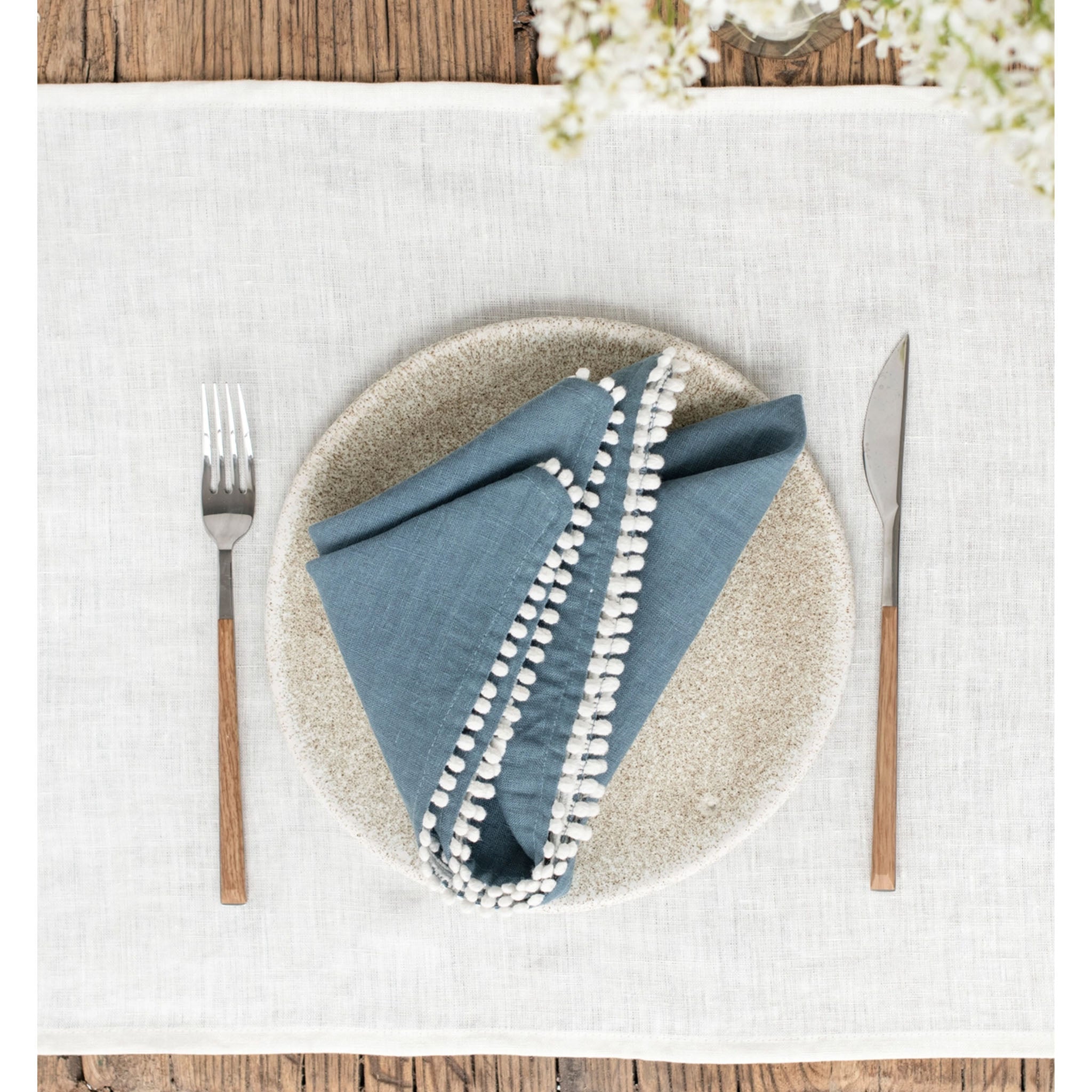 Pom Pom Linen Napkin Set - Gray Blue - Addison West