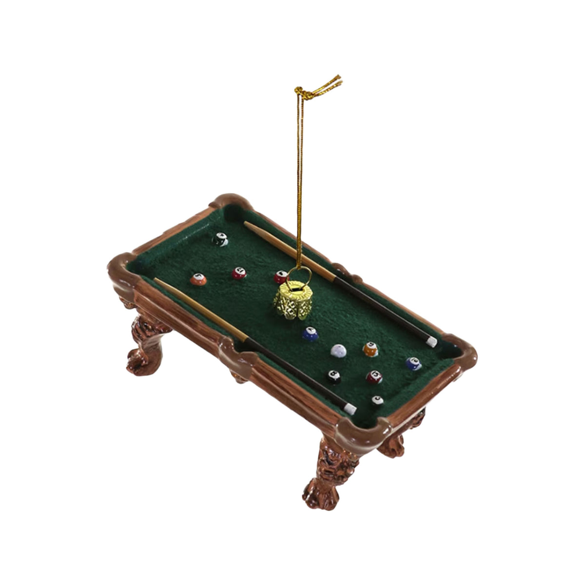 Miniature pool table with balls and a cue on a white background