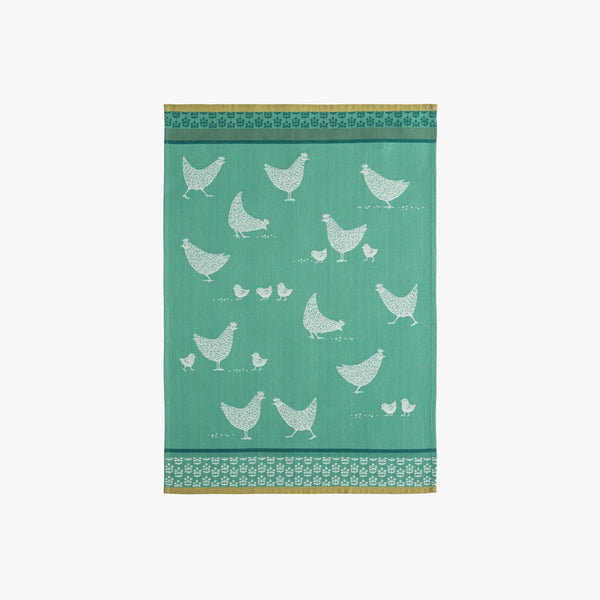 Aqua green and Yellow printed Citrus French Jacquard Tea Towel with chickens on a white background