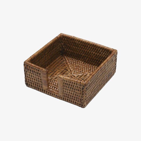 Caspari square rattan cocktail napkin holder on a white background