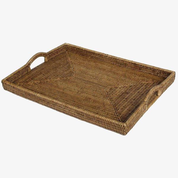 Rattan Rectangular Tray with Handles in Dark Stain by caspari on a white background