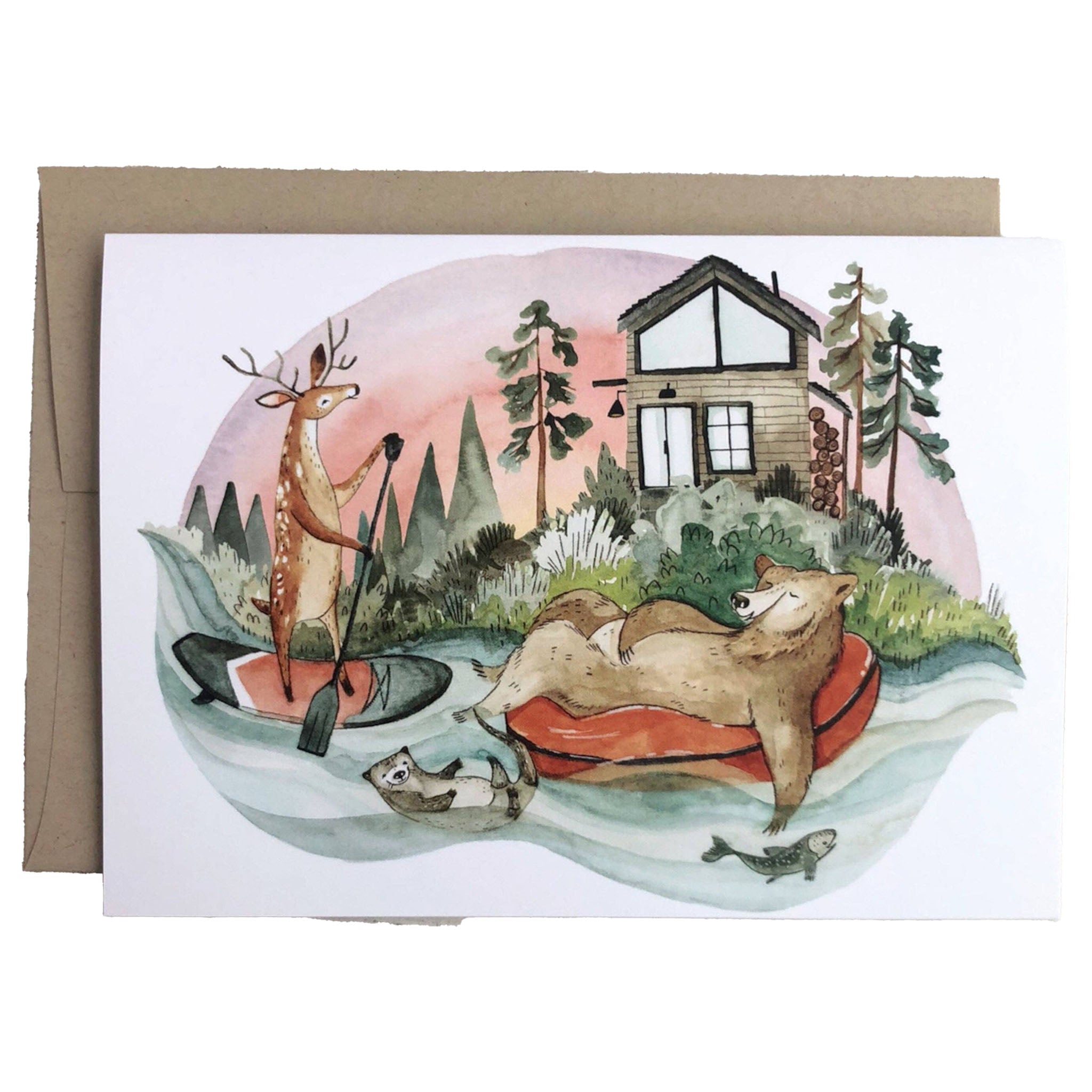 Illustrated greeting card with moose and bear floating down a river on a white background