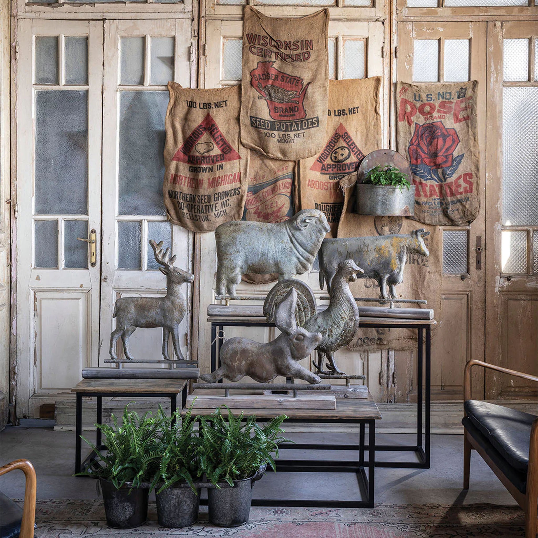 Collection of weather vases on tables in front of rustic wood doors