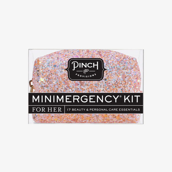 Pinch provisions brand mini emergency kit in rose glitter pattern on a white background