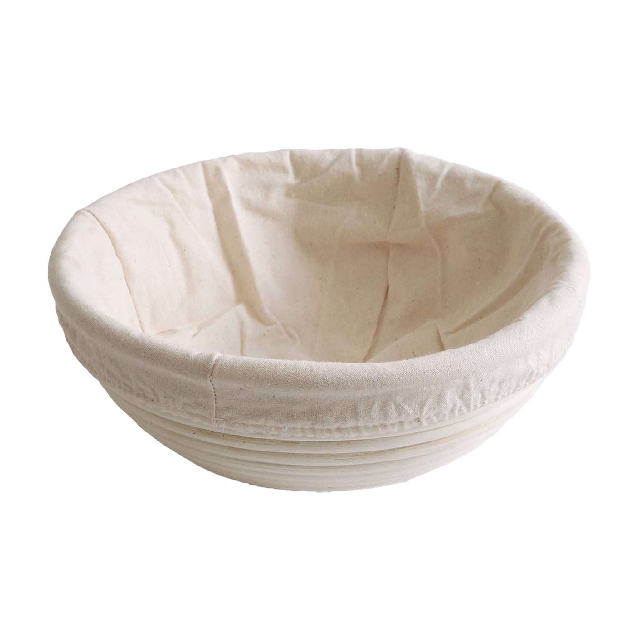 Round woven bread basket made of natural fiber on a white background