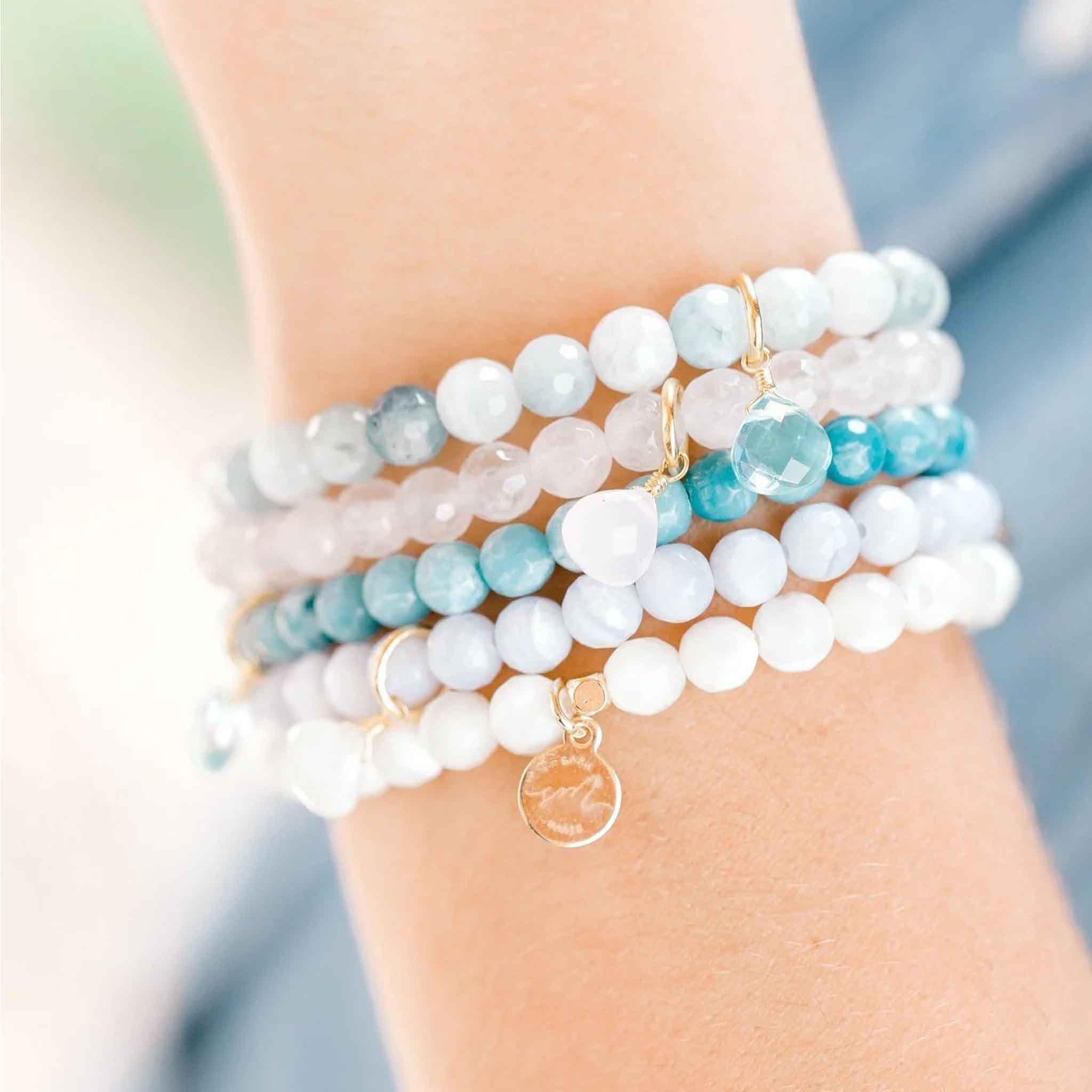 Elli Parr Royal Gemstone Beaded Bracelet in Aquamarine on a white background at Addison West