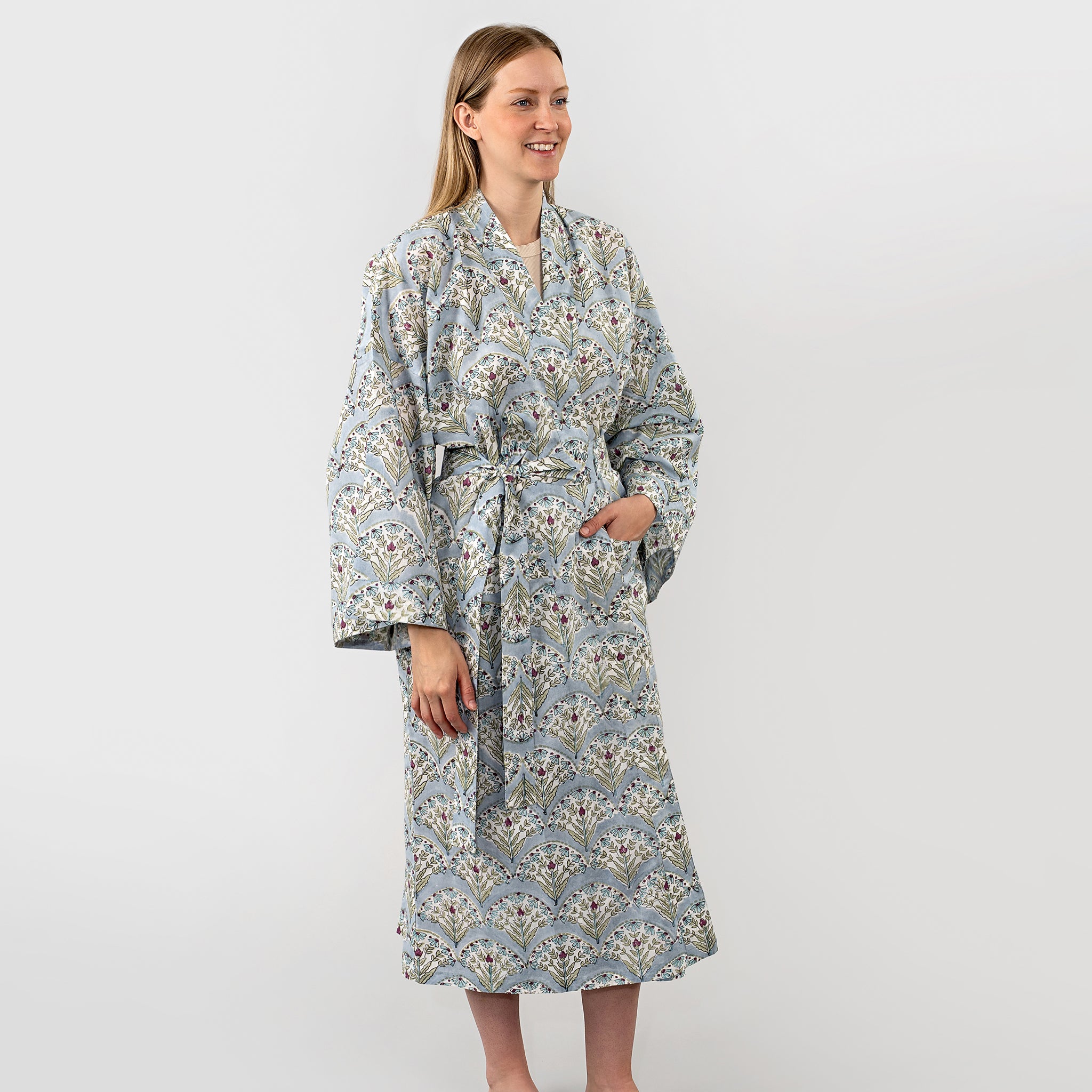 Serenity Block Print Kimono on a model at Addison West