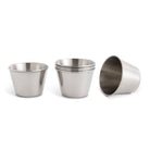 Set of 6 stainless steel seafood cups on a white background