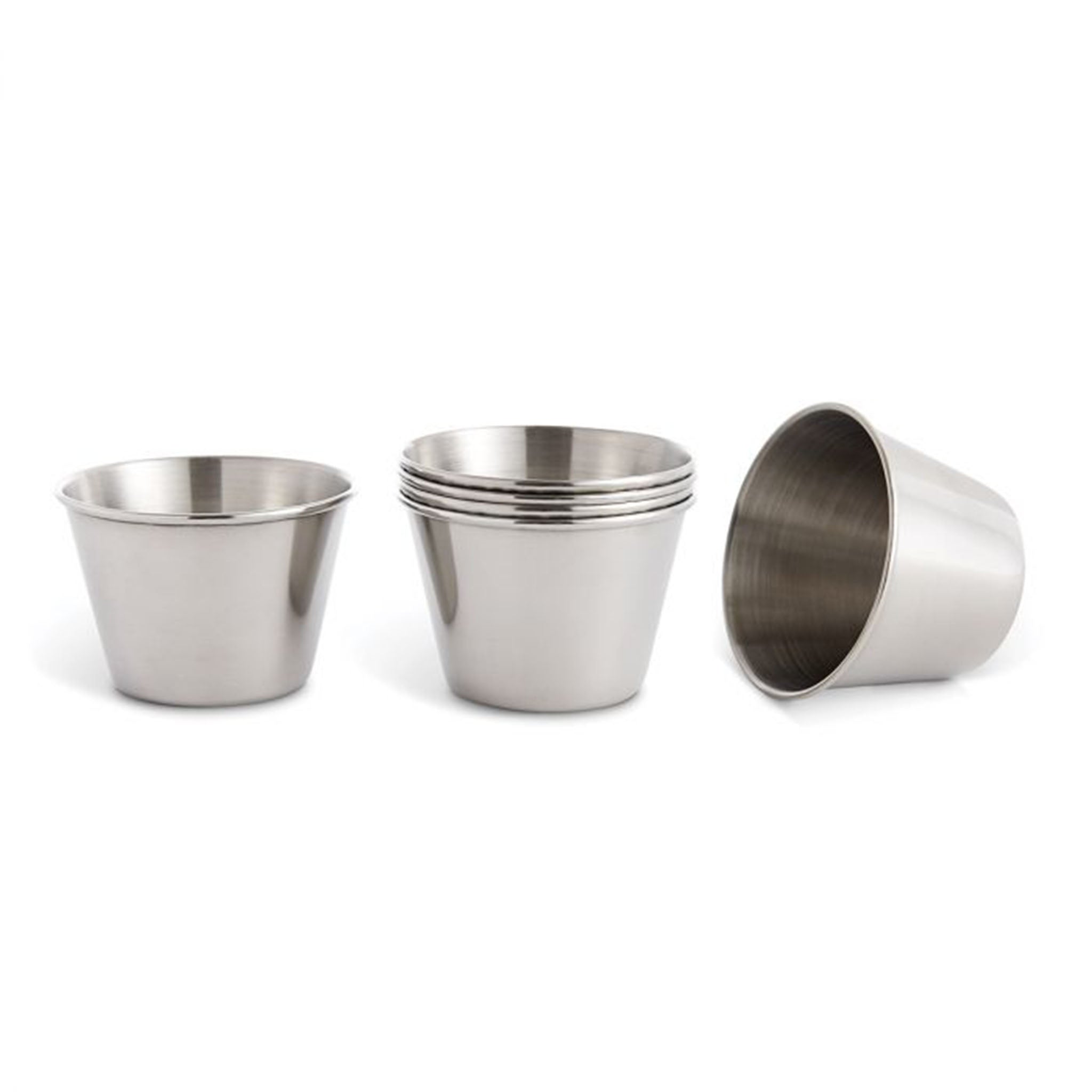 Set of 6 stainless steel seafood cups on a white background
