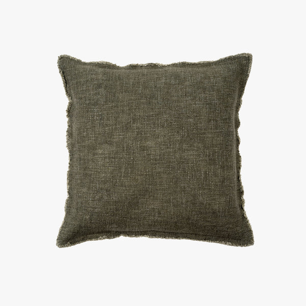 Forest green square linen pillow with slightly frayed edges on a white background