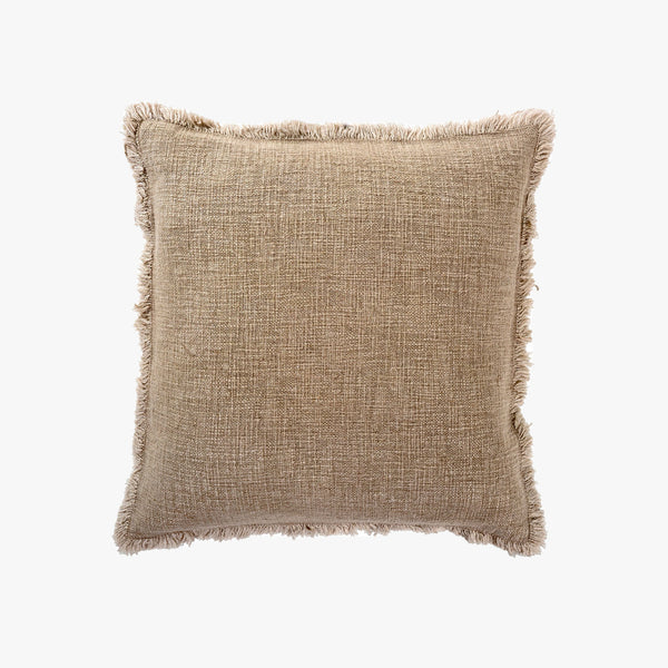 Indaba brand square Selena linen pillow in dusty beige with frayed edges on a white background 