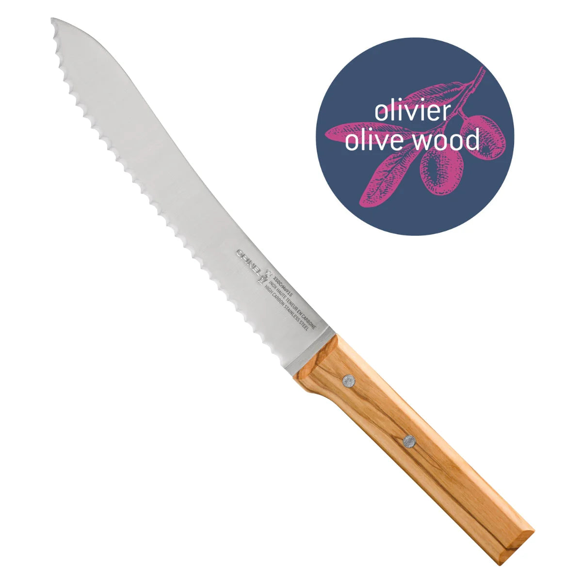 Opinel olivewood handle bread knif on a white background, featuring 'Olivier Olive Wood' logo.