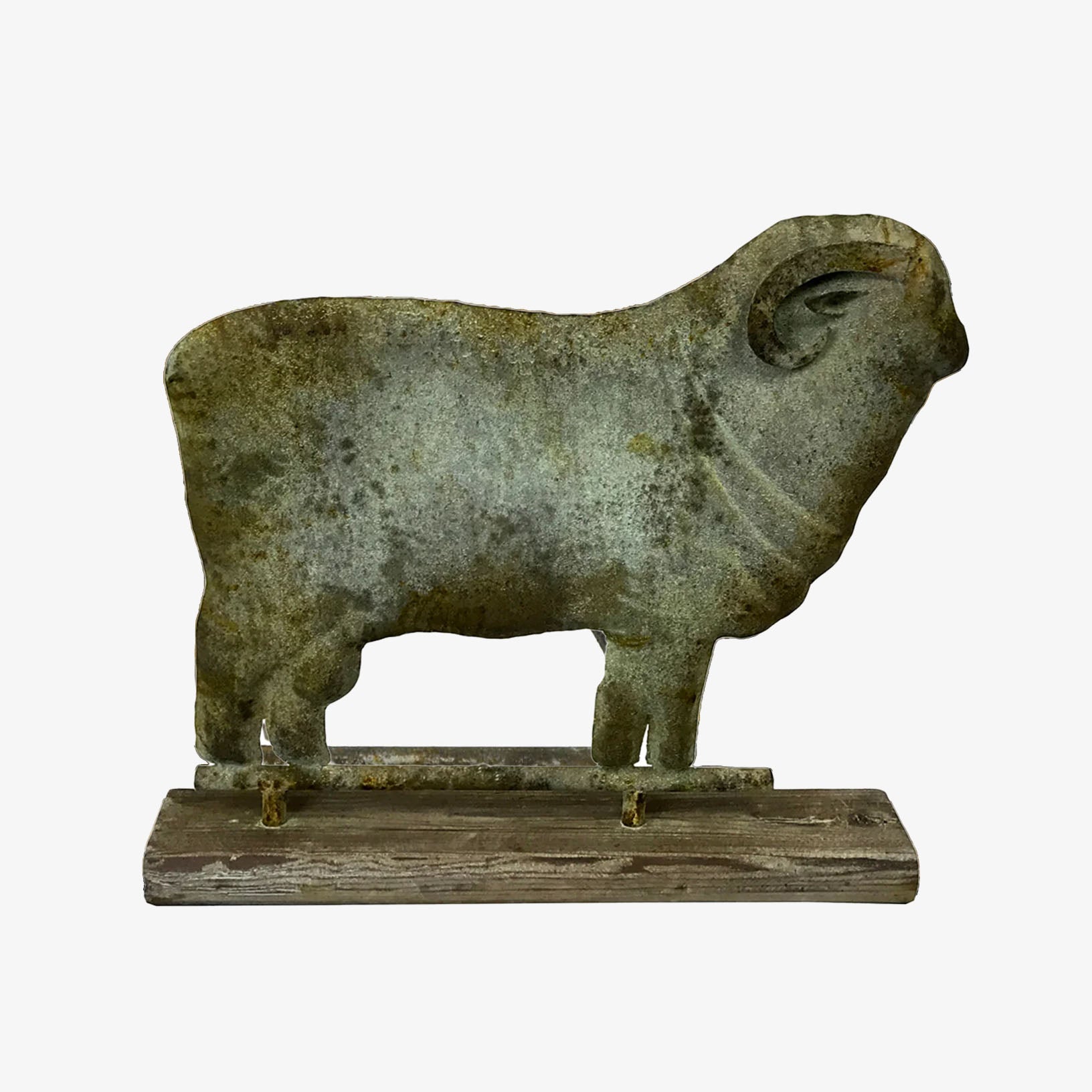 Patinad sheep weathervane statue on a white background