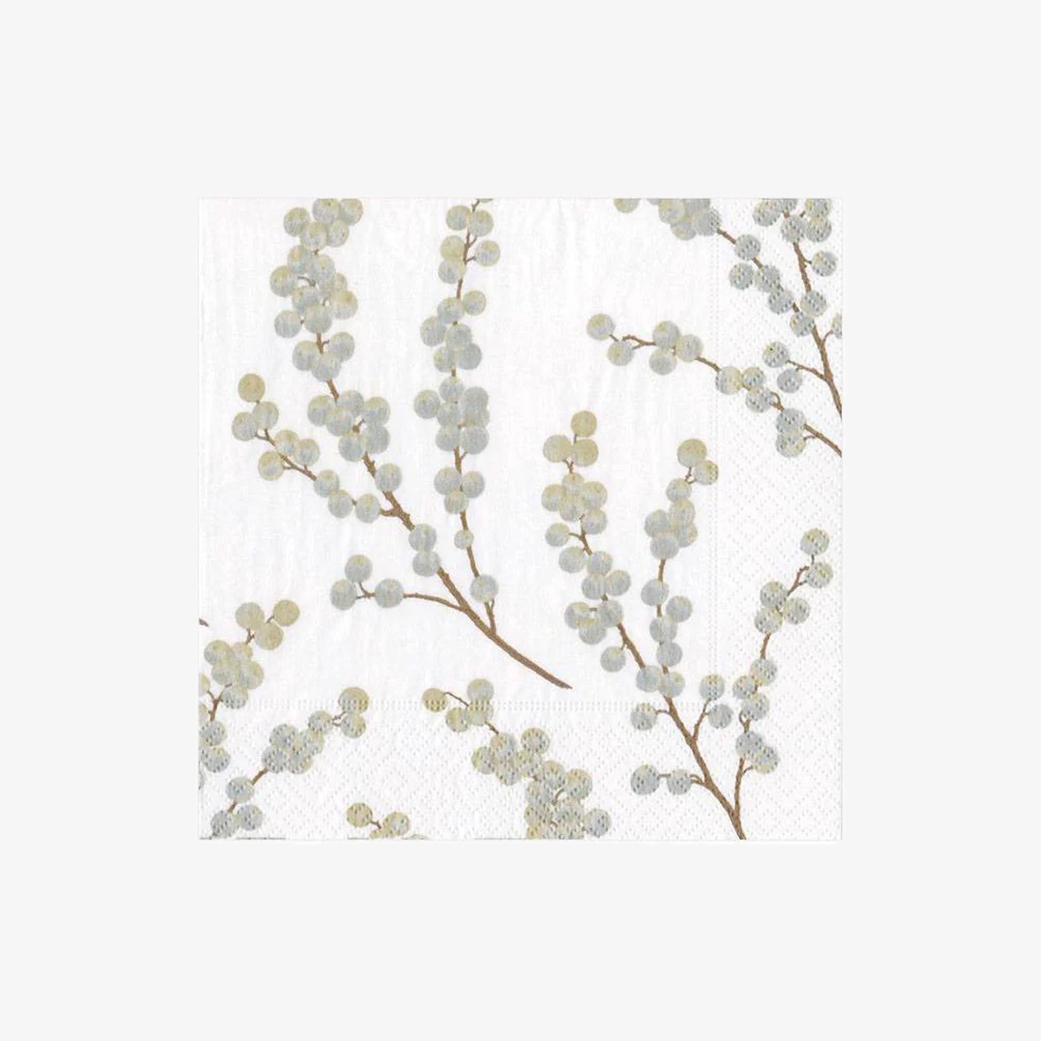 Caspari cocktail napkins with branches and small white berries on a light gray background