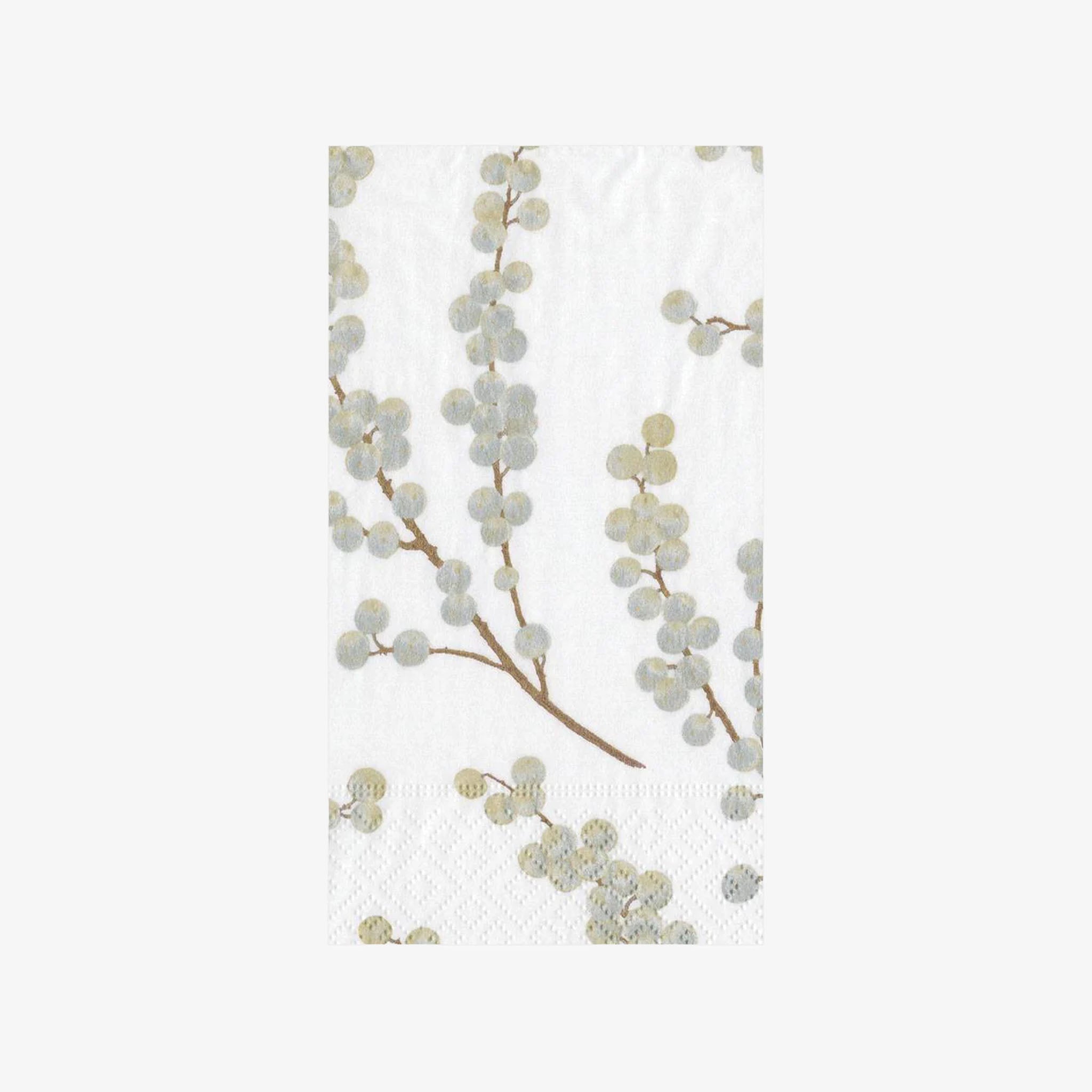 Caspari guest napkins with  branch and white berries on a white background
