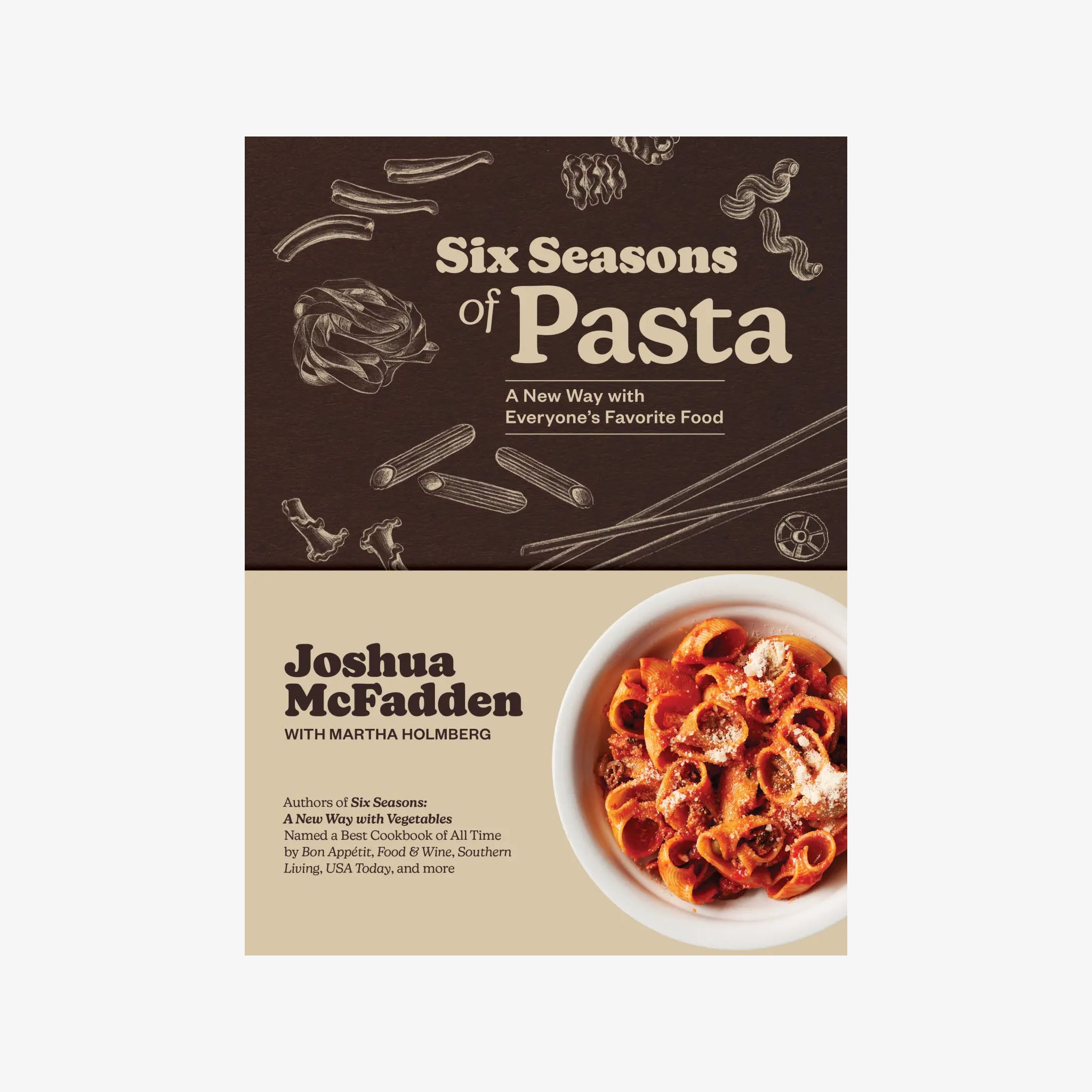 Book cover of 'Six Seasons of Pasta' by Joshua McFadden with pasta illustrations and a bowl of pasta.