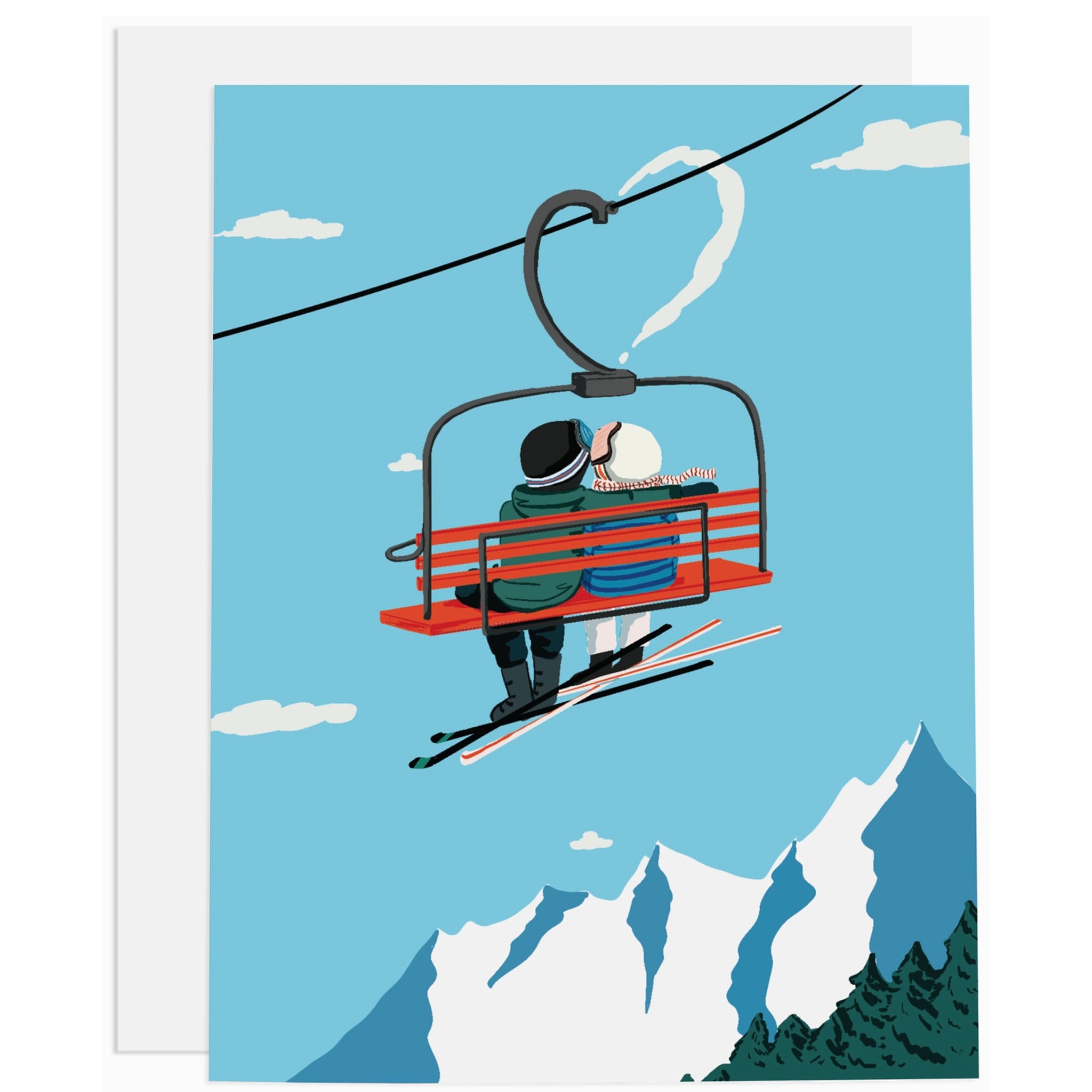 Ski Love Greeting Card with couple on a chair lift and heart above them - Addison West