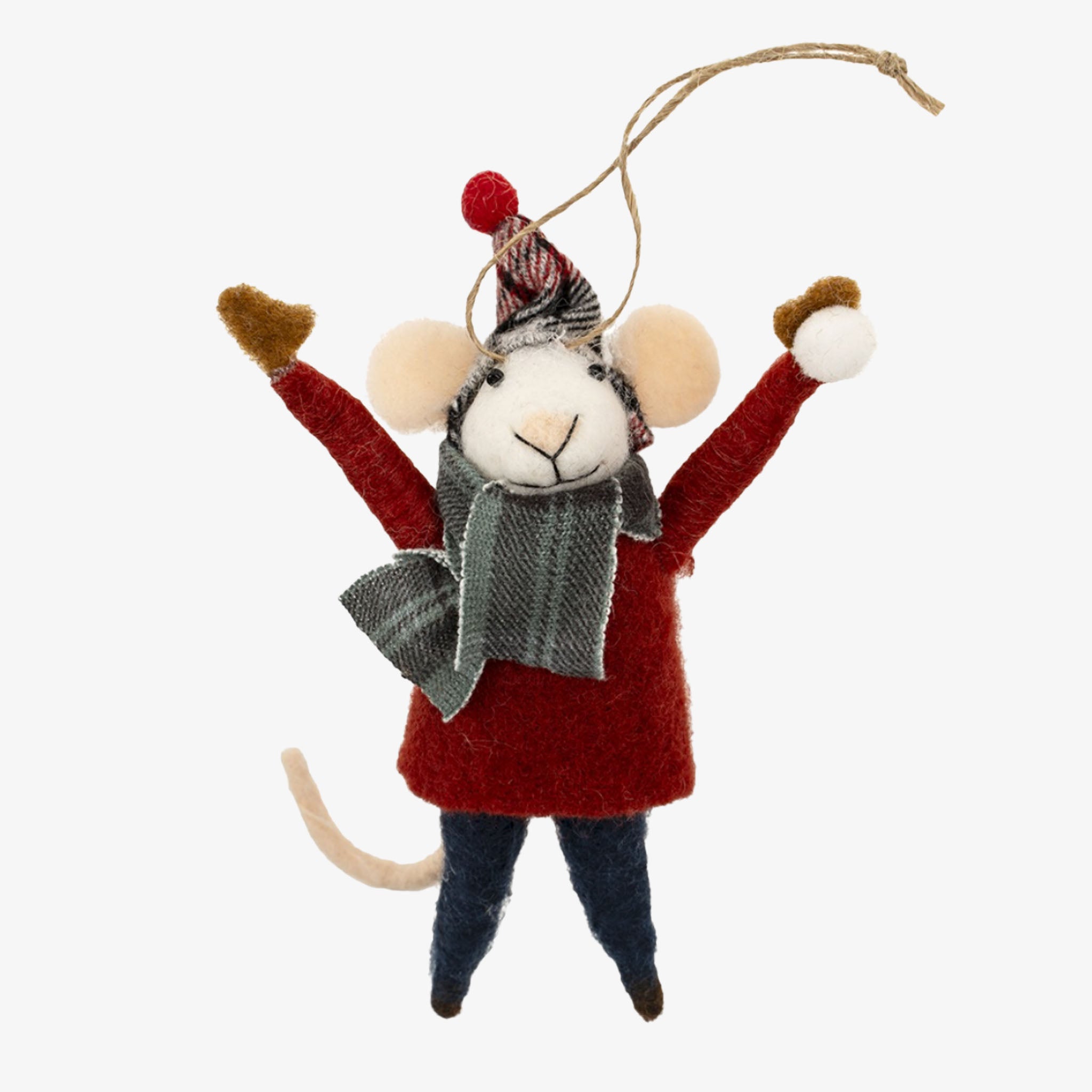 Felt mouse ornament wearing a red coat, gray scarf, and plaid hat on a white background