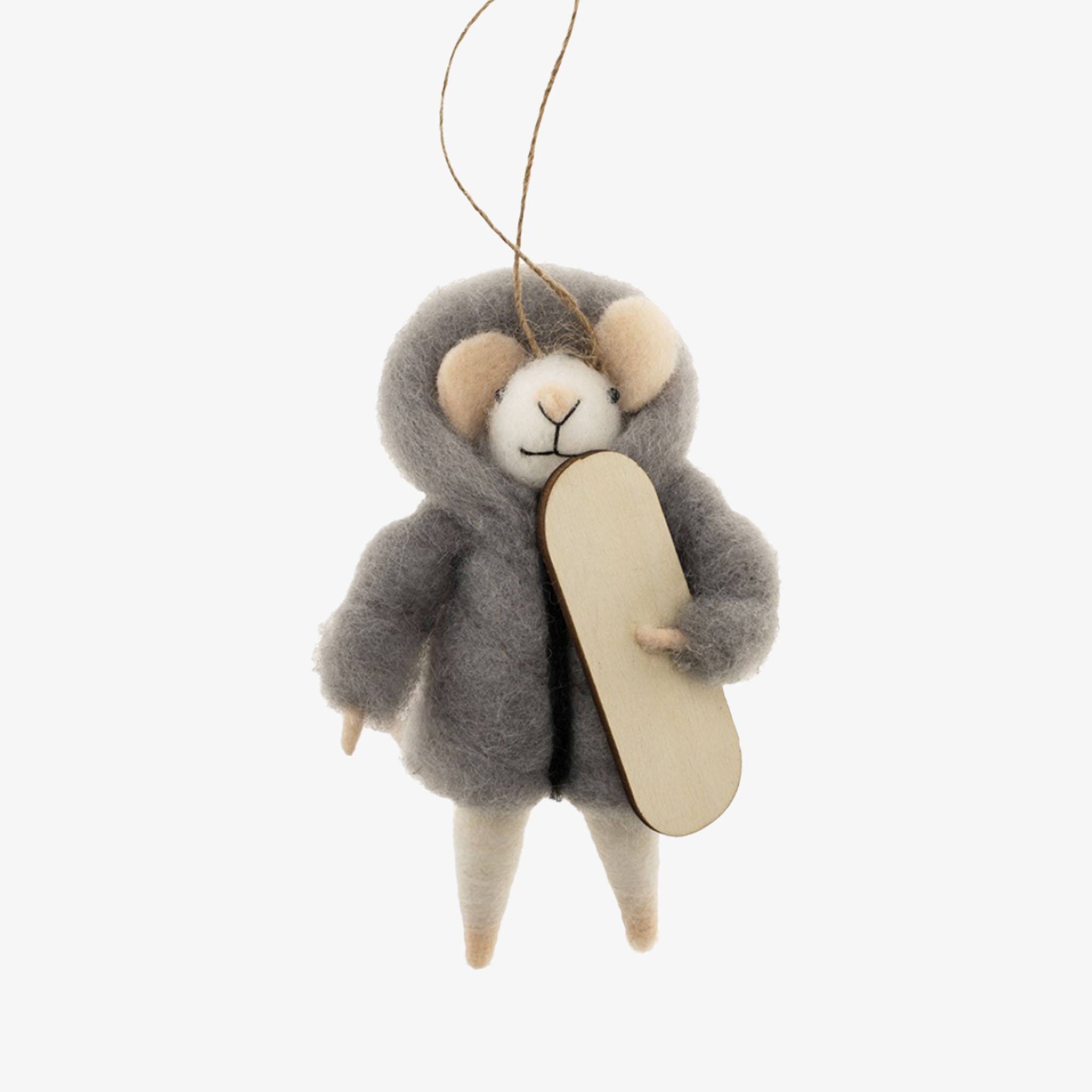 Felted mouse ornament with a wooden snowboard on a white background