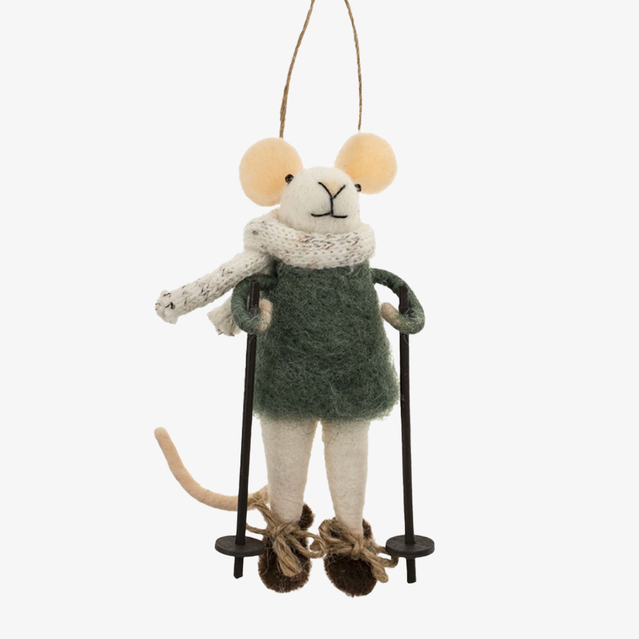 Decorative mouse ornament on snowshoes with a scarf against a white background