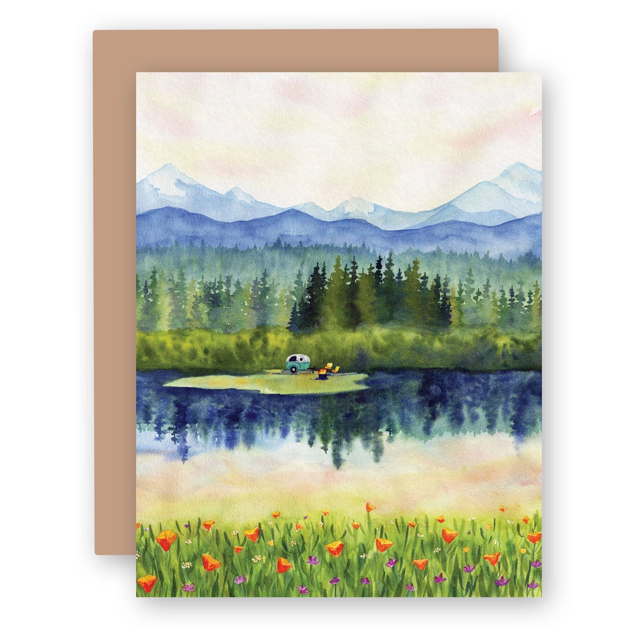 Water color greeting card with woods and mountains and small camper