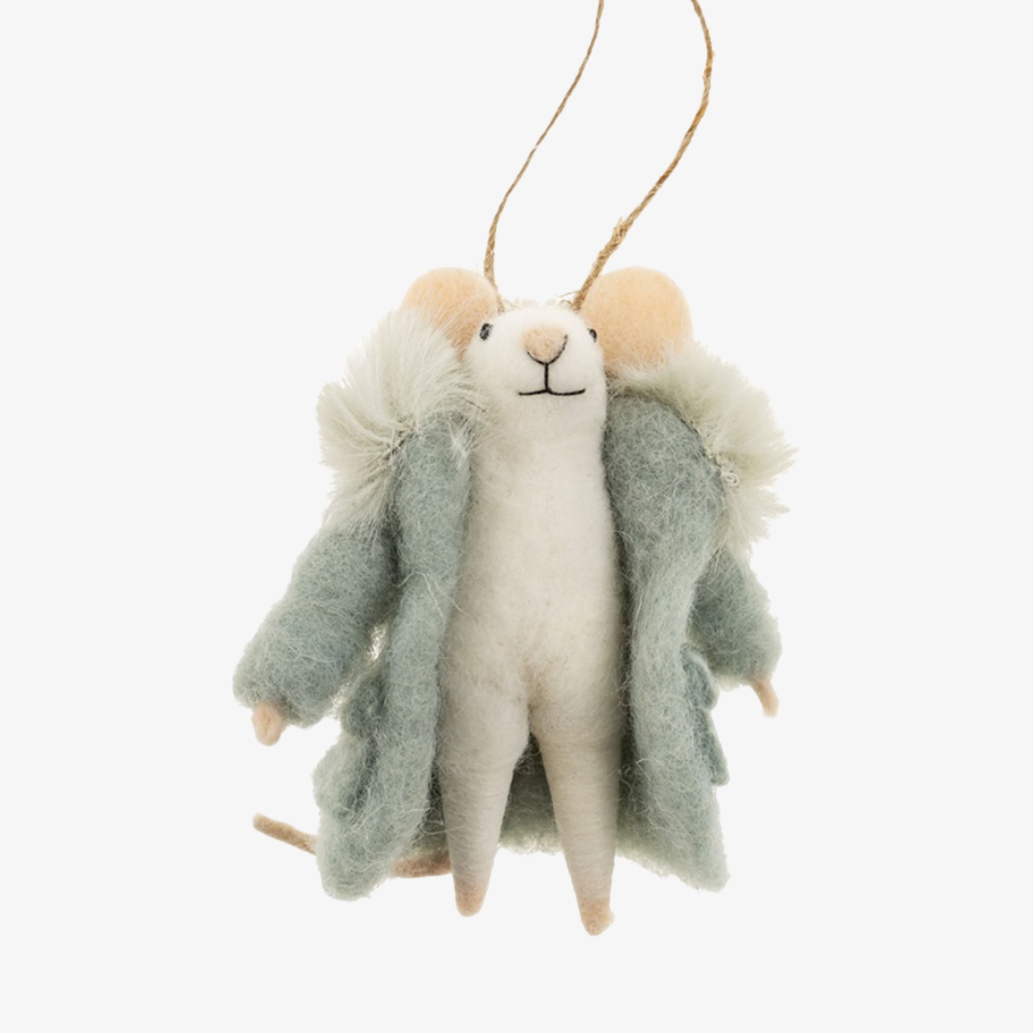 Felted mouse ornament with a soft texture on a white background