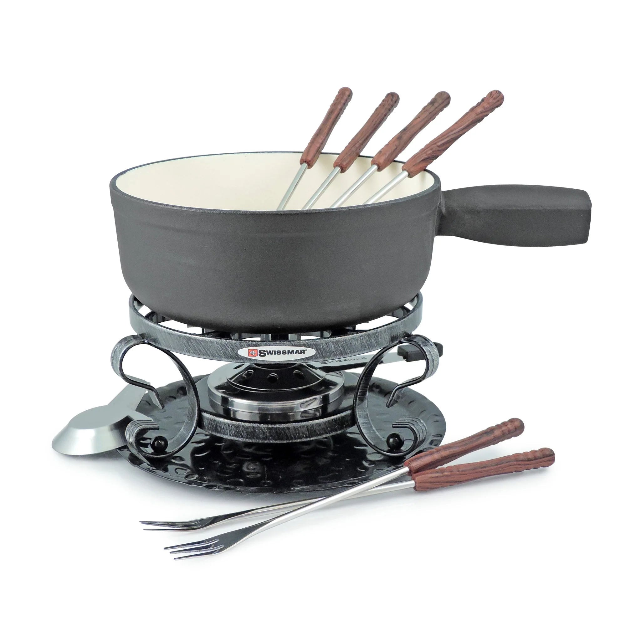 Fondue set with gray pot, wooden skewers, and metal fondue forks on a white background.