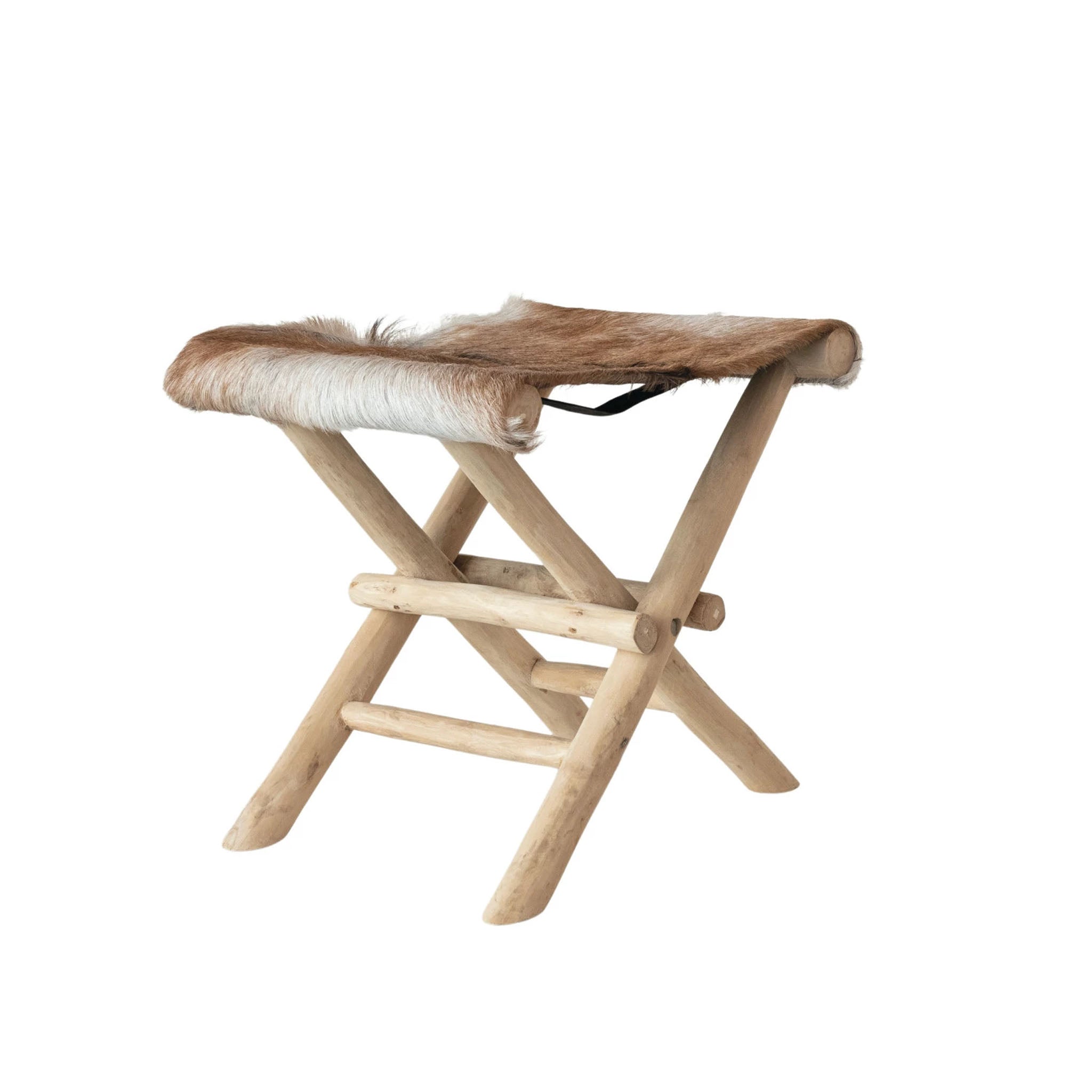Folding wood stool with goal fur on a white background