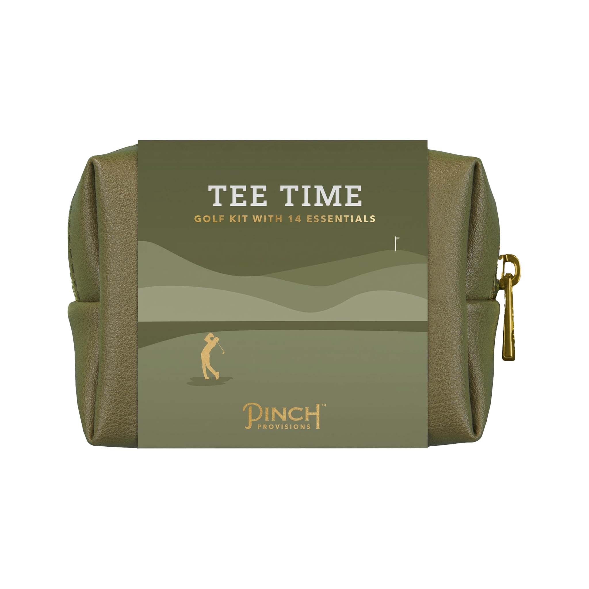 Olive green vegan leather golf kit pouch with 'TEE TIME' text and a golfer illustration on the front, along with brand name 'PINCH PROVISIONS' and various golf themed accessories visible inside.